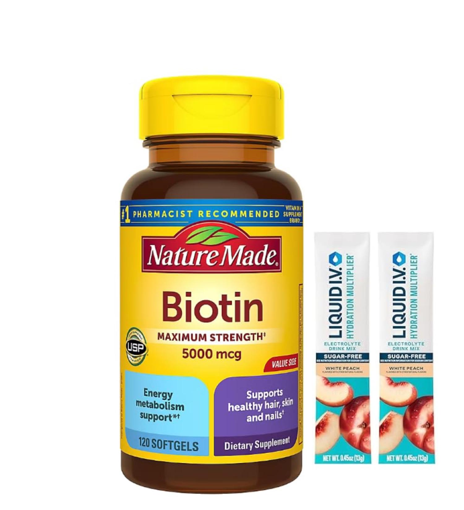 Nature Made Biotin Maximum Strength 5000 MCG - Hair Skin and Nails Support - 180 Softgels Plus Bonus 2 Sugar Free White Peach Hydration Sticks - Buy Online on GoSupps.com