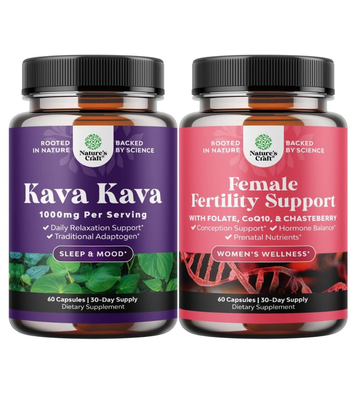 Bundle of Kava Kava Root Extract Supplement 1000mg - Fast Acting Herbal with Kavalactones for Balanced Mood and Fertility Supplement for Women with Prenatal Multivitamins - Female Fertility Support - Buy Online on GoSupps.com