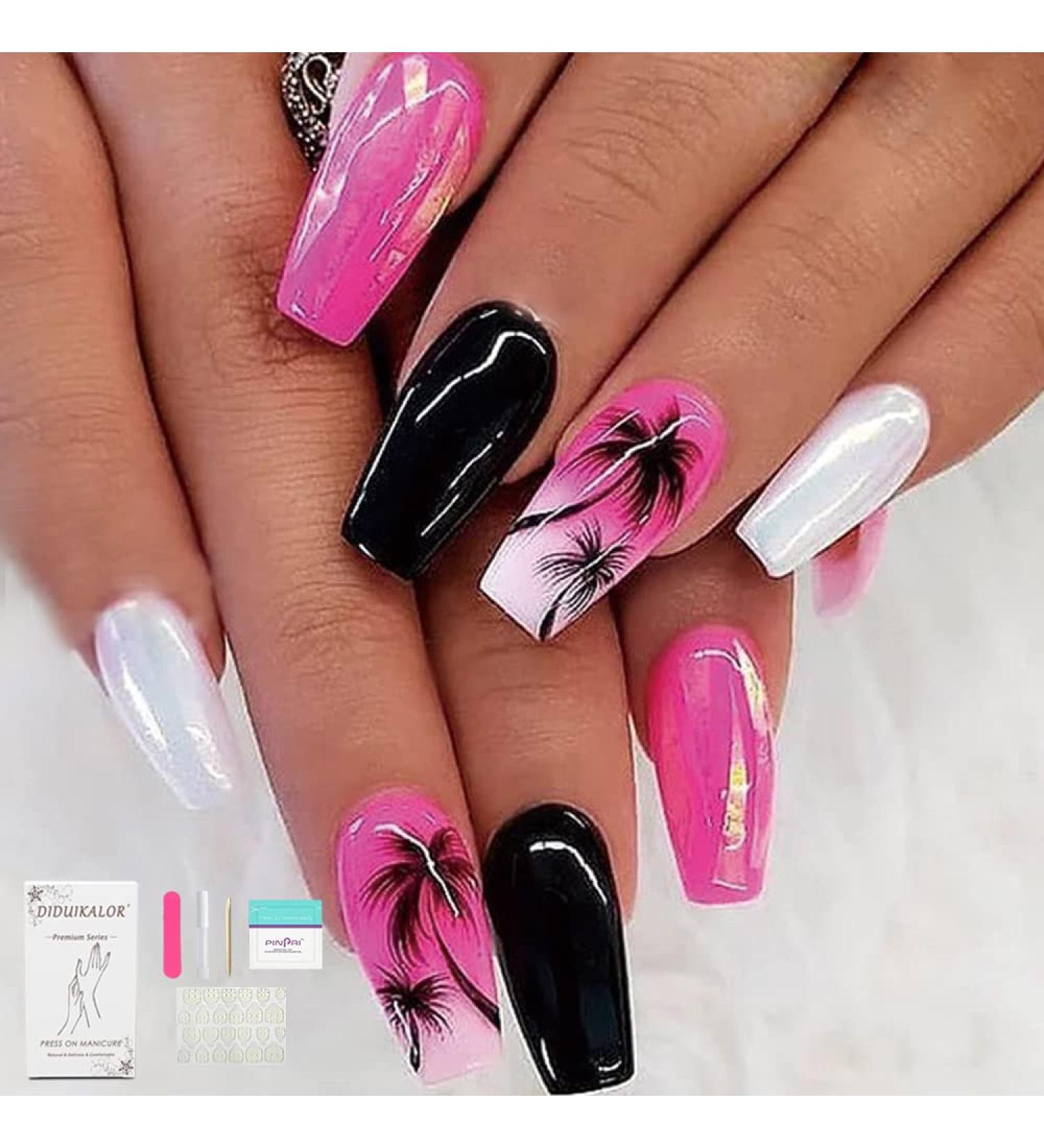 Diduikalor Medium Press On Nails Coffin - Palm Tree Pattern Black Stick On Nails for Women/Girls DIY Manicure Kit - Buy Online on GoSupps.com