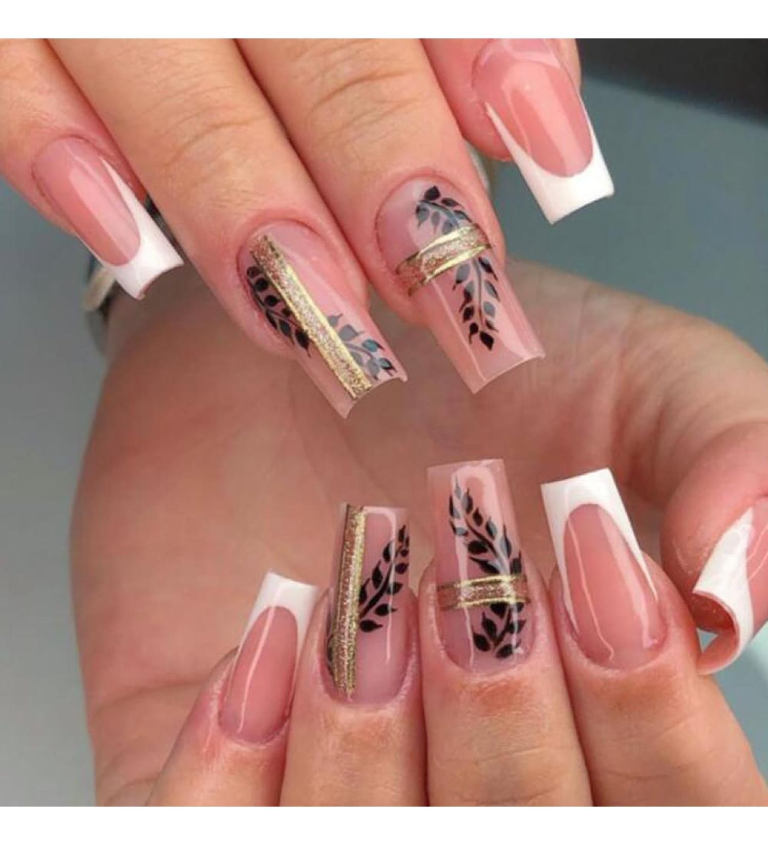 French Tip Press on Nails - Long Square Press On Nails with Nail Tips White edged Gold Leaf design Fake Nails press on nails Acrylic False Nails Cute Artificial Nails - Buy Online on GoSupps.com