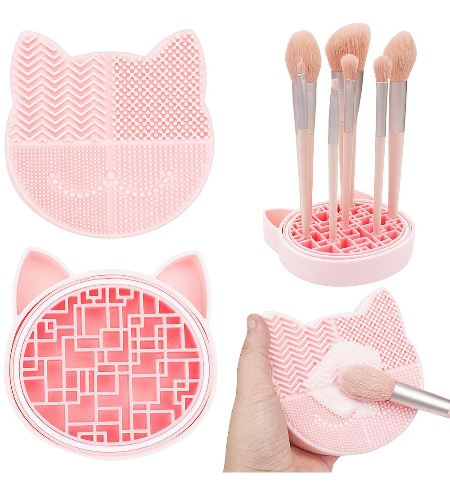 2 in 1 Cat-Shaped Makeup Brush Cleaner Mat & Organizer - Portable Pink Silicone Brush Washing Tool - Buy Online on GoSupps.com