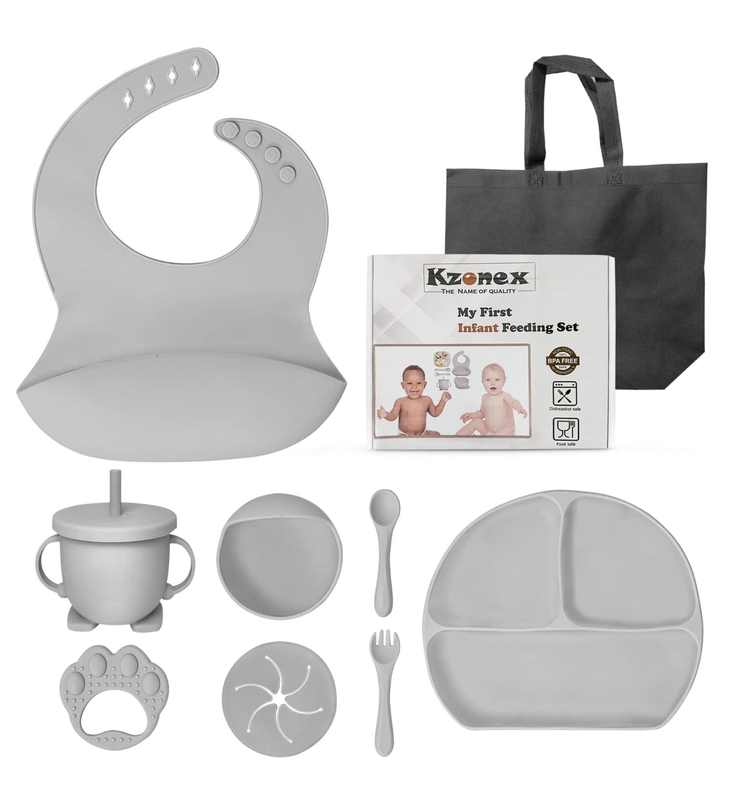 Kzonex 9-Piece Baby Feeding Set: Silicone Bib, Suction Plate, Bowl, Fork, Spoon, Sippy Cup with Straw, Snack Lids - BPA Free & Dishwasher Safe - Buy Online on GoSupps.com