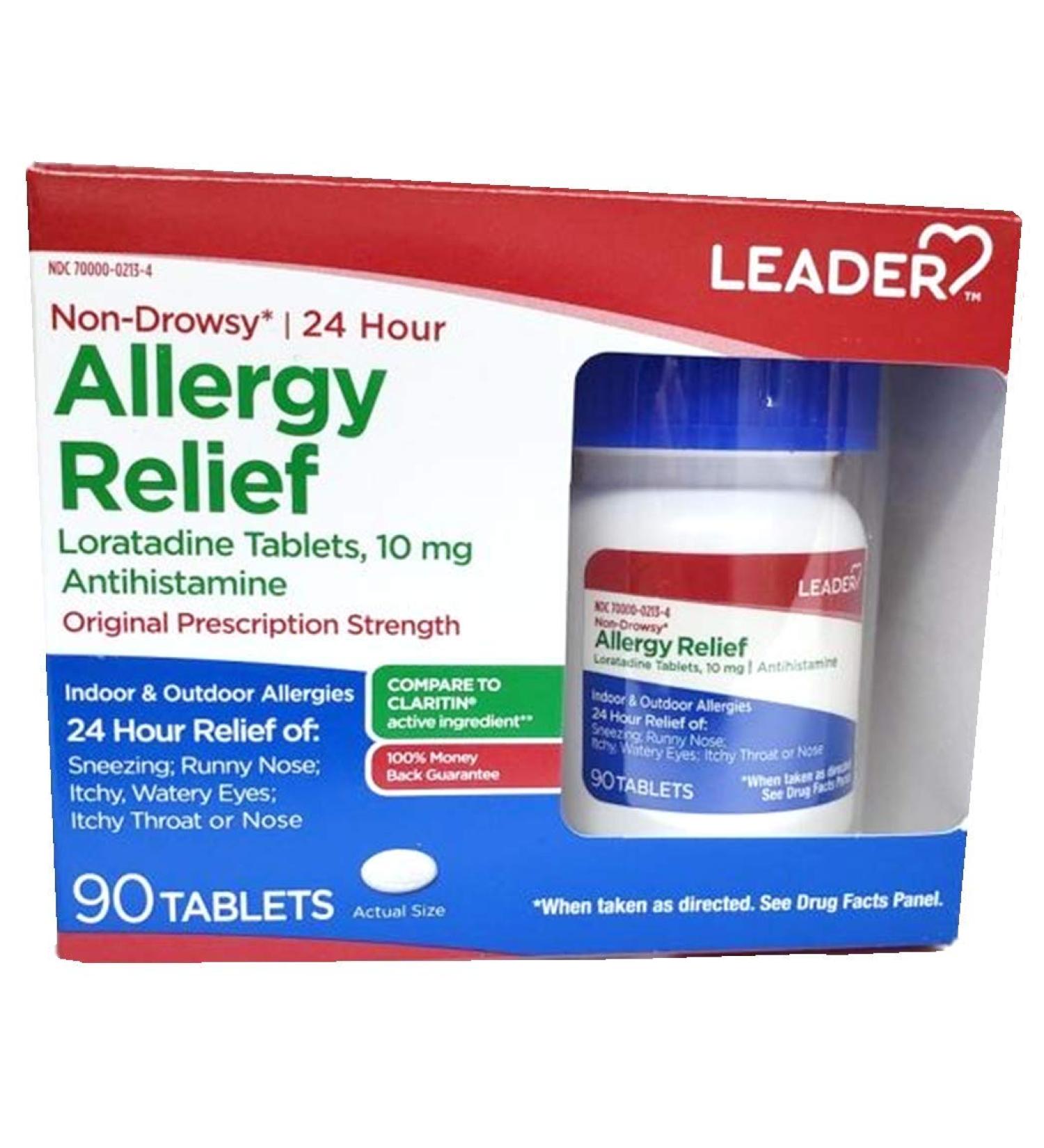 Leader 24 Hour Allergy Relief Loratadine 10mg Tablets Non-Drowsy Antihistamine Indoor and Outdoor Counteract Allergy 90 Tablets Loratadine 90