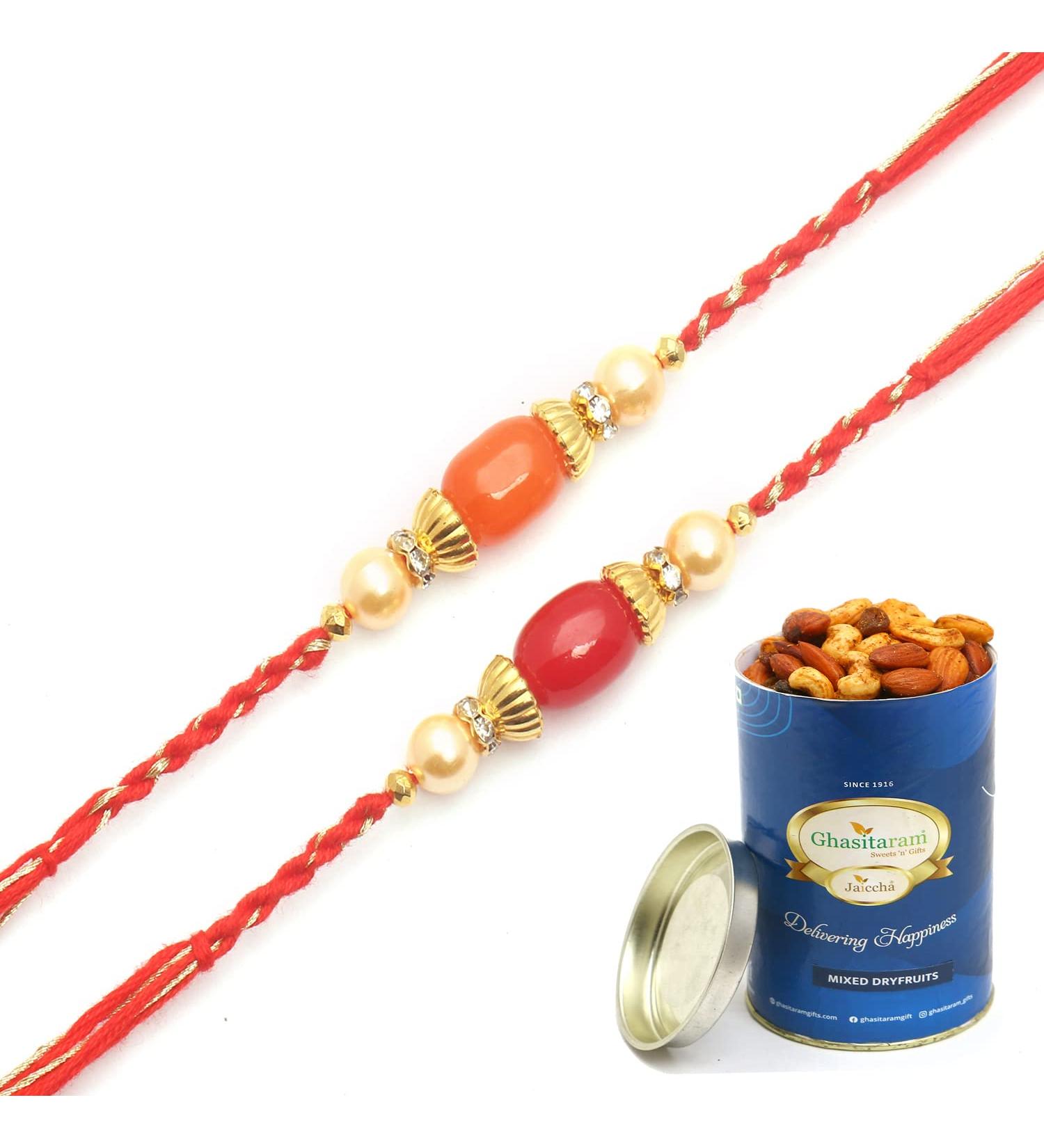 Ghasitaram Gifts Rakhi for Brother Rakhis Online - Set of 2-6794 Rakhis with 100 GMS of Dryfruits Mix Can 2 Rakhi with 100 gms of Dryfruits Mix Can - Buy Online on GoSupps.com