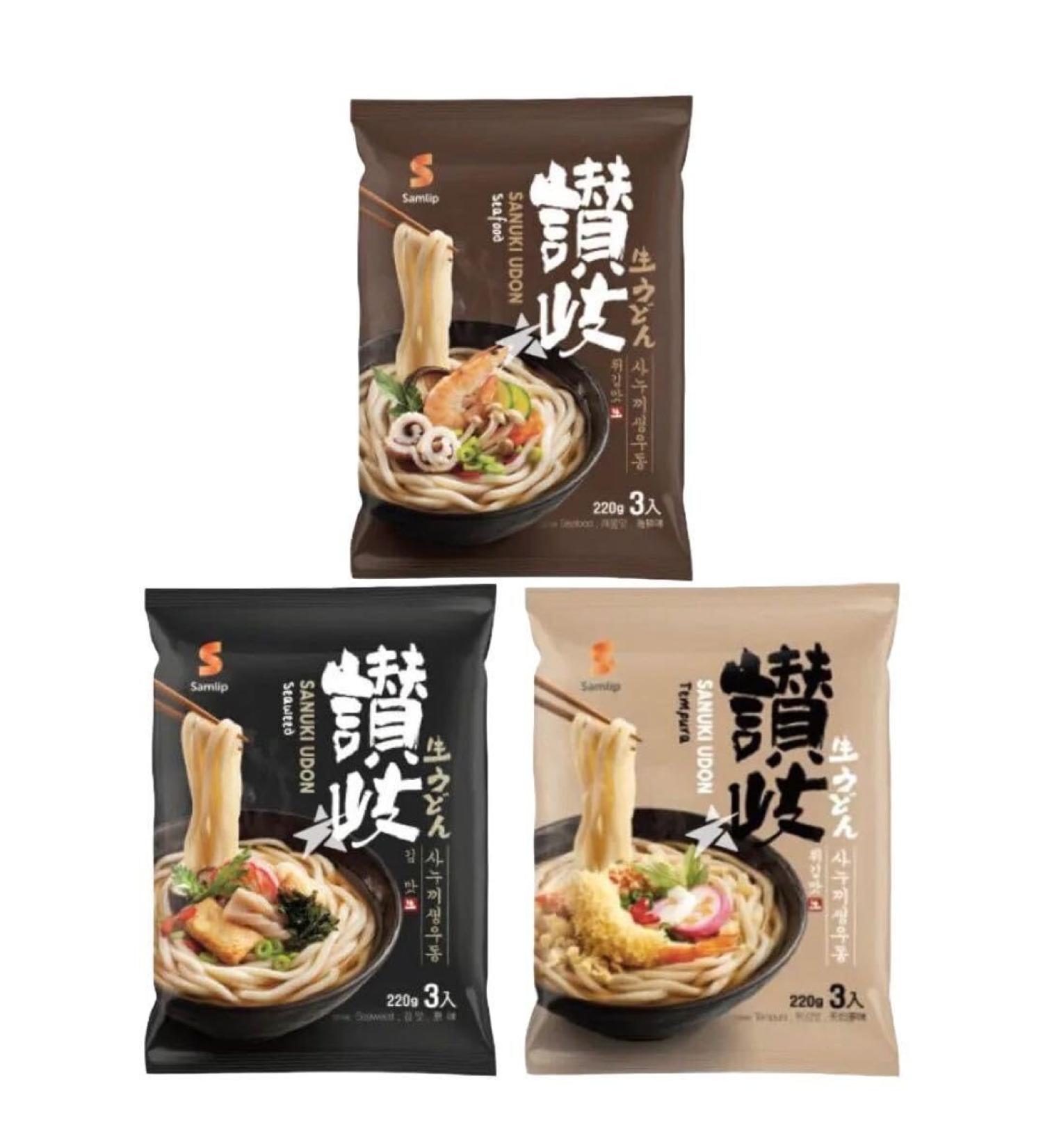 Samlip Sanuki Udon Noodles with Soup Base (Assorted 3 Flavours - Seafood Seaweed & Tempura) - Pack of 3 for 9 Servings - Buy Online on GoSupps.com