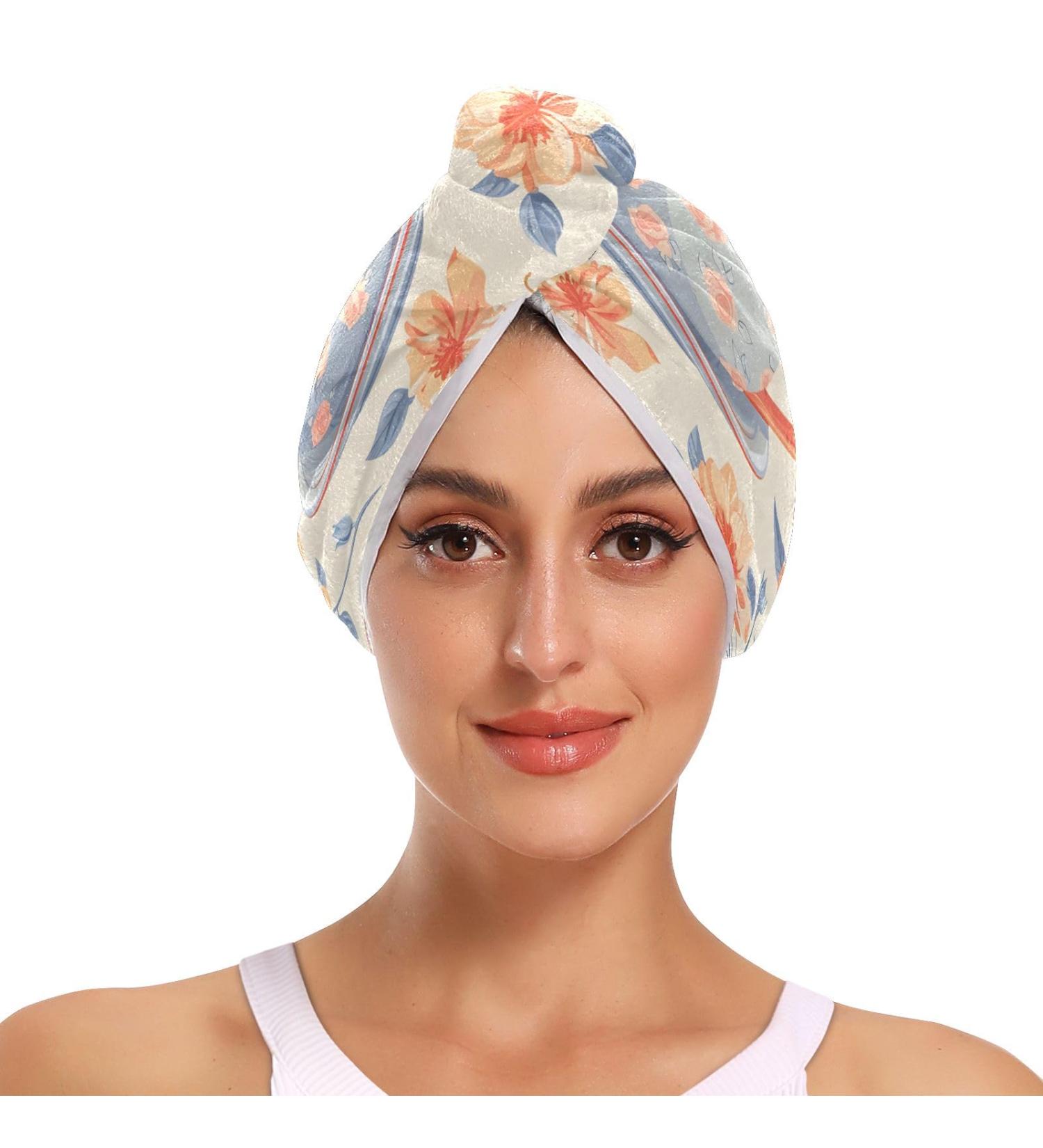 Orange Flower Cups Hair Towel 2 Pack - Super Absorbent Quick Dry Turbans for Women & Girls - Buy Online on GoSupps.com