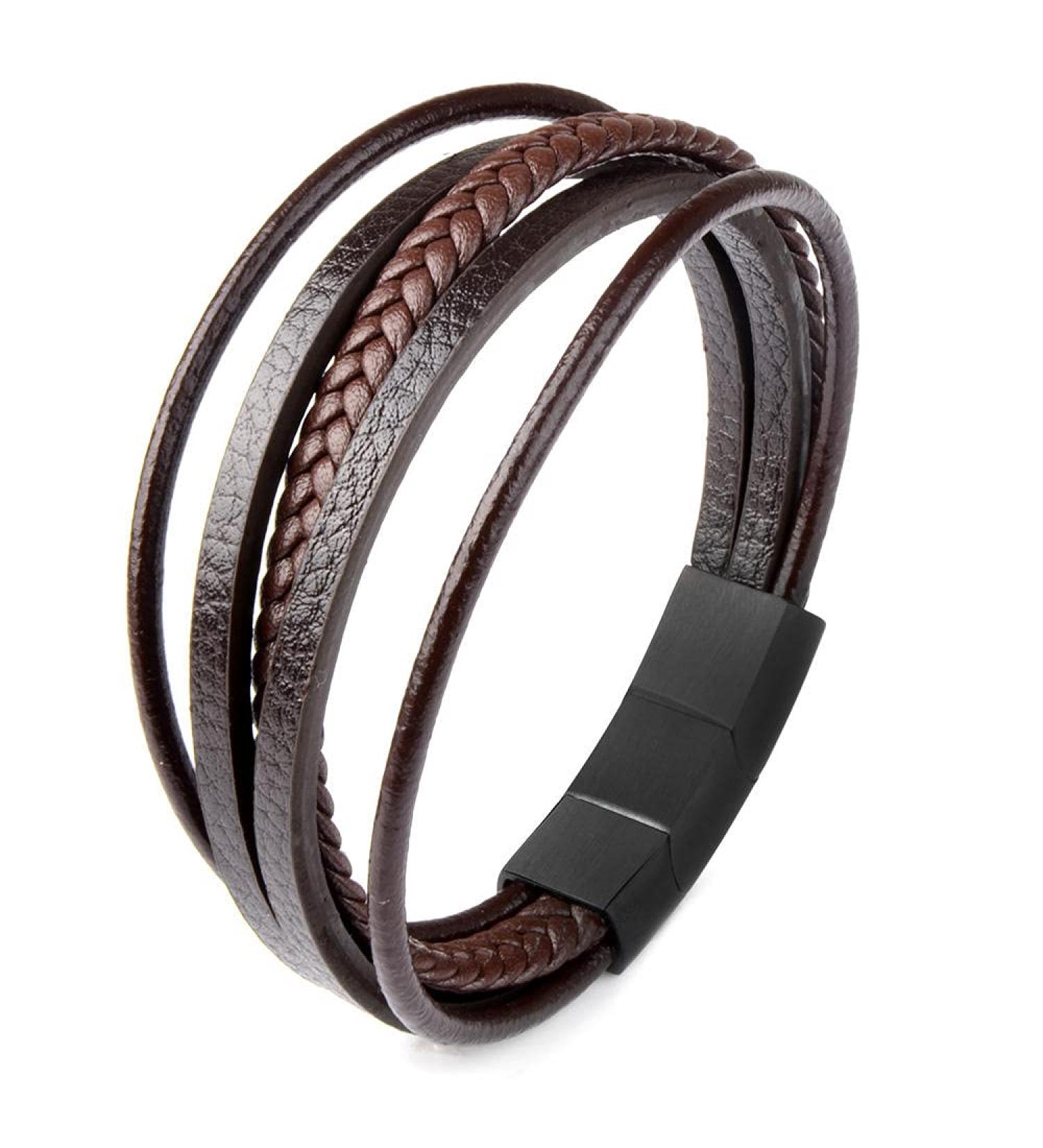 Bracelet Homme Cuff Bracelet Men'S Punk Leather Bracelet Stainless Steel Magnetic Clasp Multilayer Leather Wrapped Bracelet Q