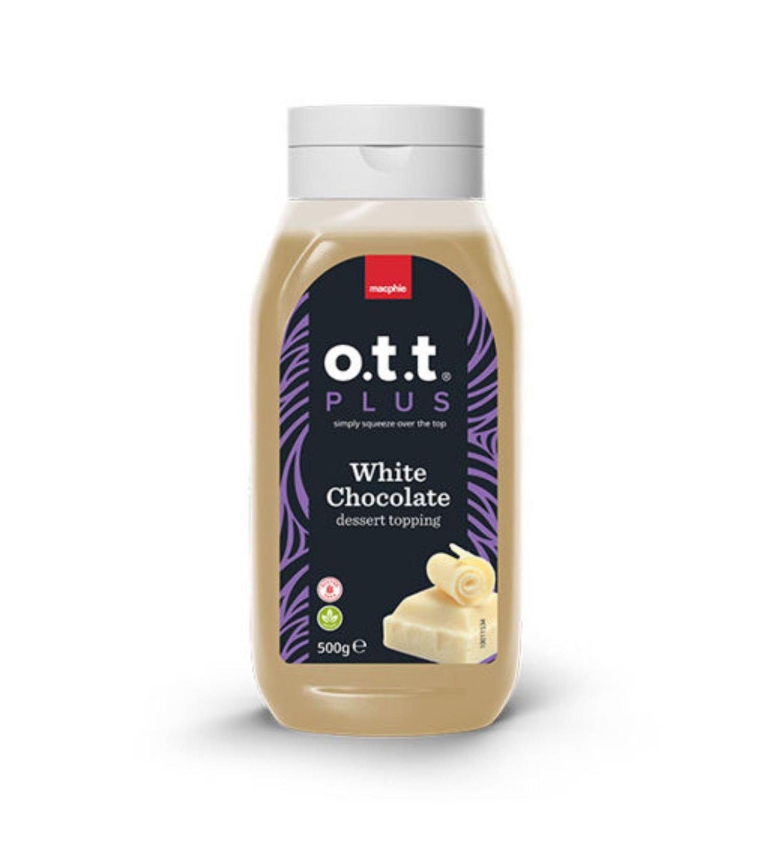 OTT White Chocolate Sauce. This white chocolate sauce works perfectly with a mocha milkshake deserts cheesecakes latte or cappuccino. Topping sauce500ml - Buy Online on GoSupps.com