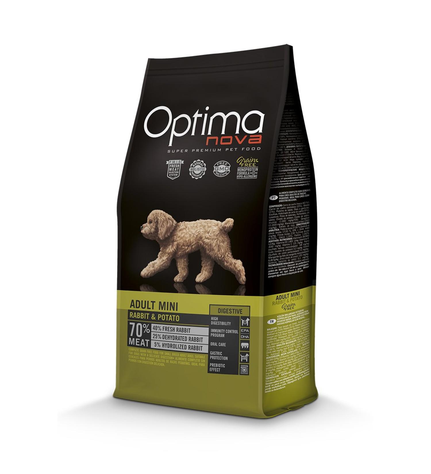 Optimanova Super Premium Food - Adult Mini Digestive Dog Food - Rabbit and Potato - hypoallergenic - grain free - 8 kg. - 40% Fresh Meat - Small Breeds - Buy Online on GoSupps.com