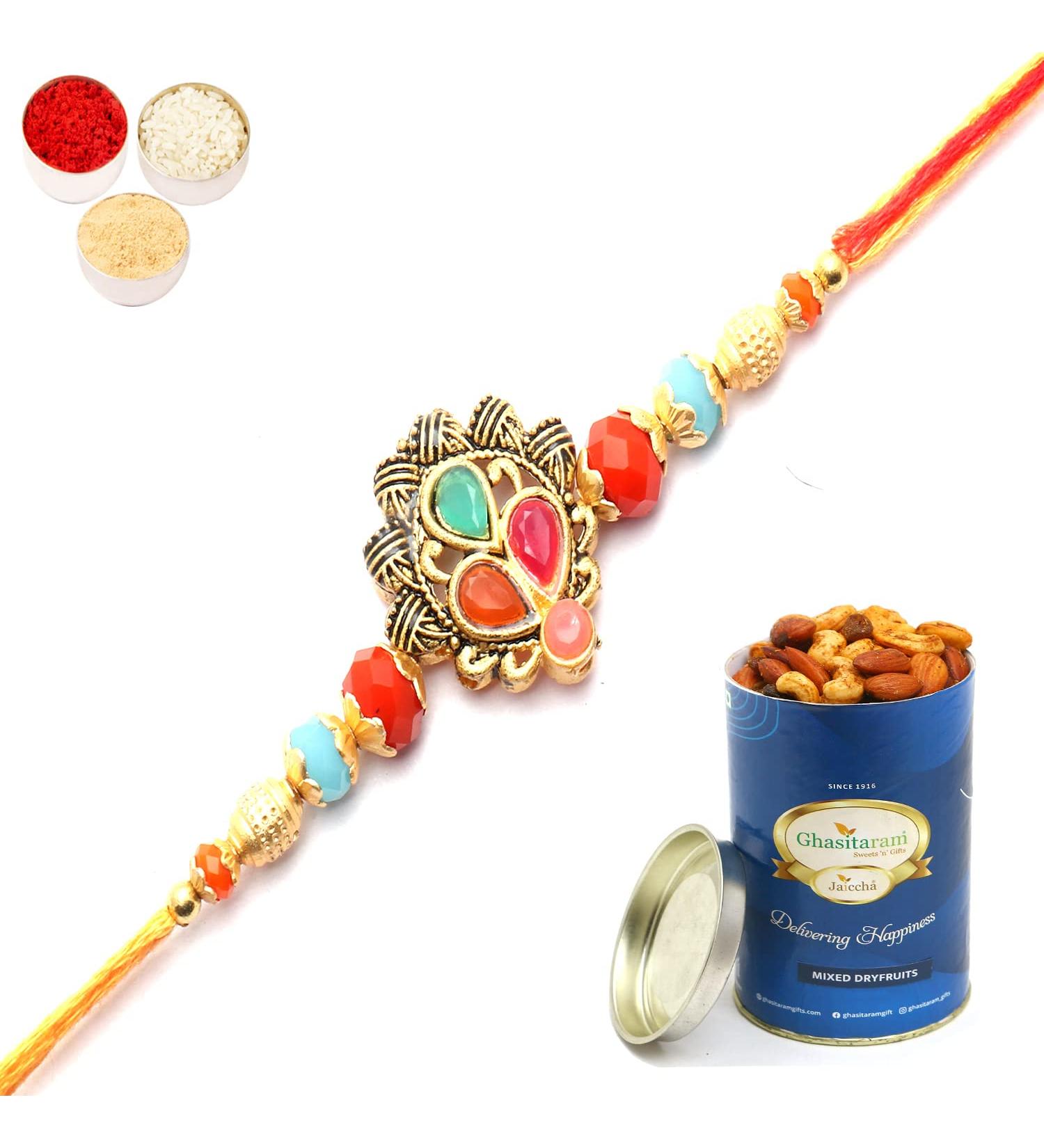 Ghasitaram Gifts Rakhi for Brother Rakhis Online - The Beautiful Colours of Our Lives Rakhi with 100 GMS of Dryfruits Mix Can Rakhi Set with 100 gms of Dryfruits Mix Can - Buy Online on GoSupps.com