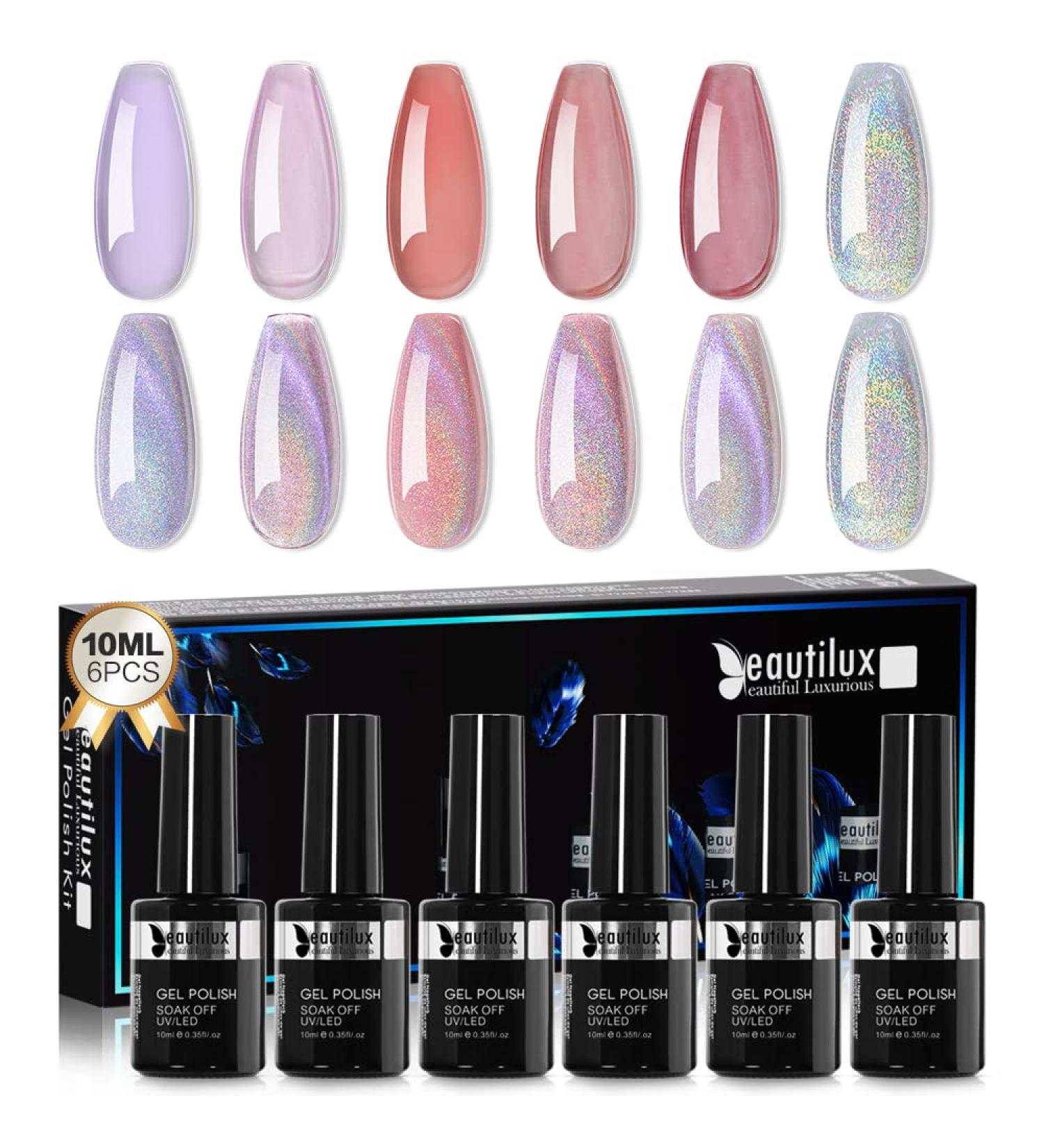 Beautilux Rainbow Cats Eye Gel Nail Polish Set - 6x10ml UV Magnetic Nail Art with 5 Nude Colors - Dreamy Sparkling Auroras - Buy Online on GoSupps.com
