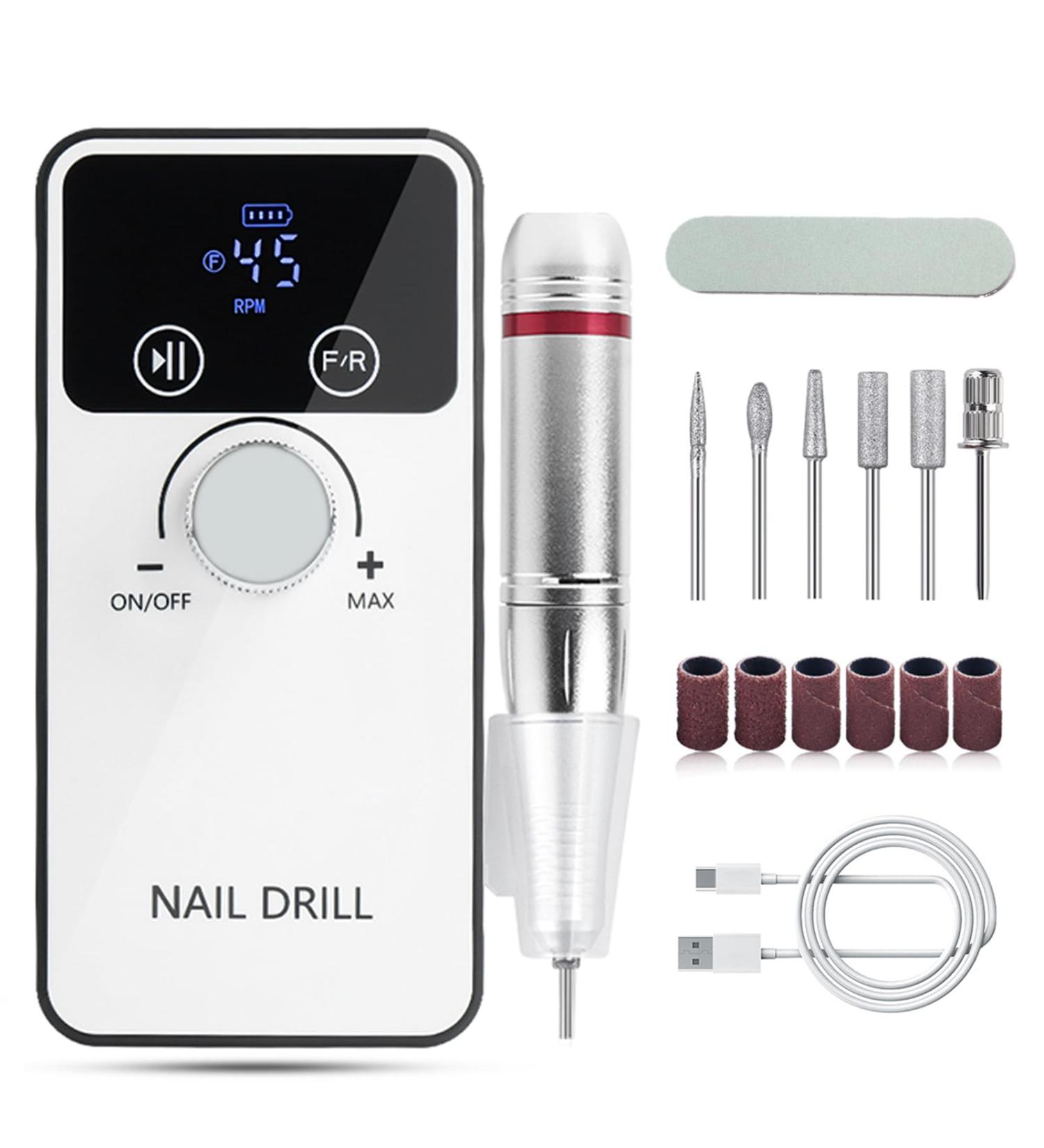 Atopskins Electric Nail Drill Kit 6 in 1 with Double Sided Nail File Emery Board 45000RPM Cordless Manicure Set for Acrylic Gel 2000mAh Rechargeable Efile Nail Grinder Professional Nail Tool LCD White - Buy Online on GoSupps.com