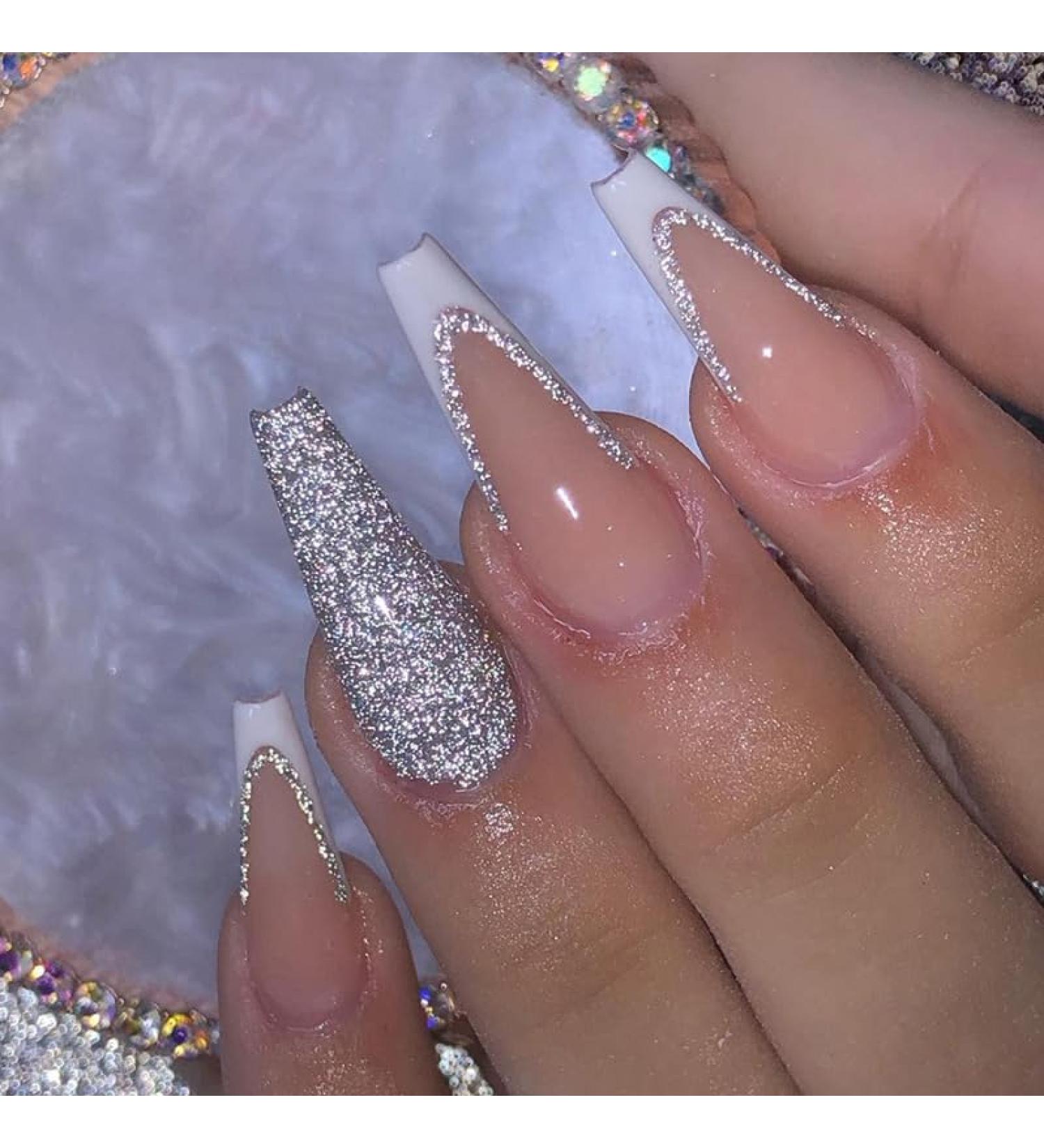 French Tip Press on Nails - Long Square Press On Nails with Nail Tips Silver Glitter Rhinestones Design press on nails Acrylic False Nails Cute Artificial Nails - Buy Online on GoSupps.com