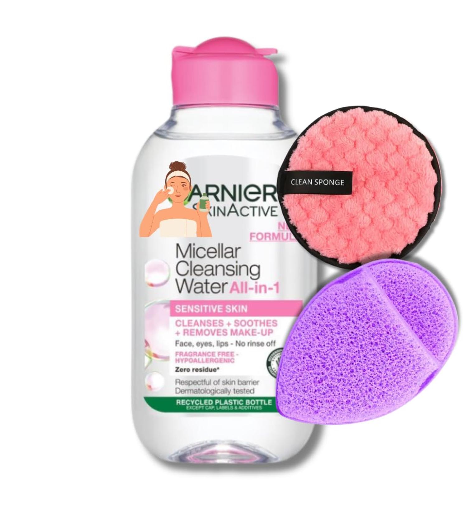 Micellar Cleansing Water Set - Gentle Makeup Remover with Reusable Double-Sided Puff and Exfoliating Puff for Facial Cleansing and Makeup Removal - Buy Online on GoSupps.com