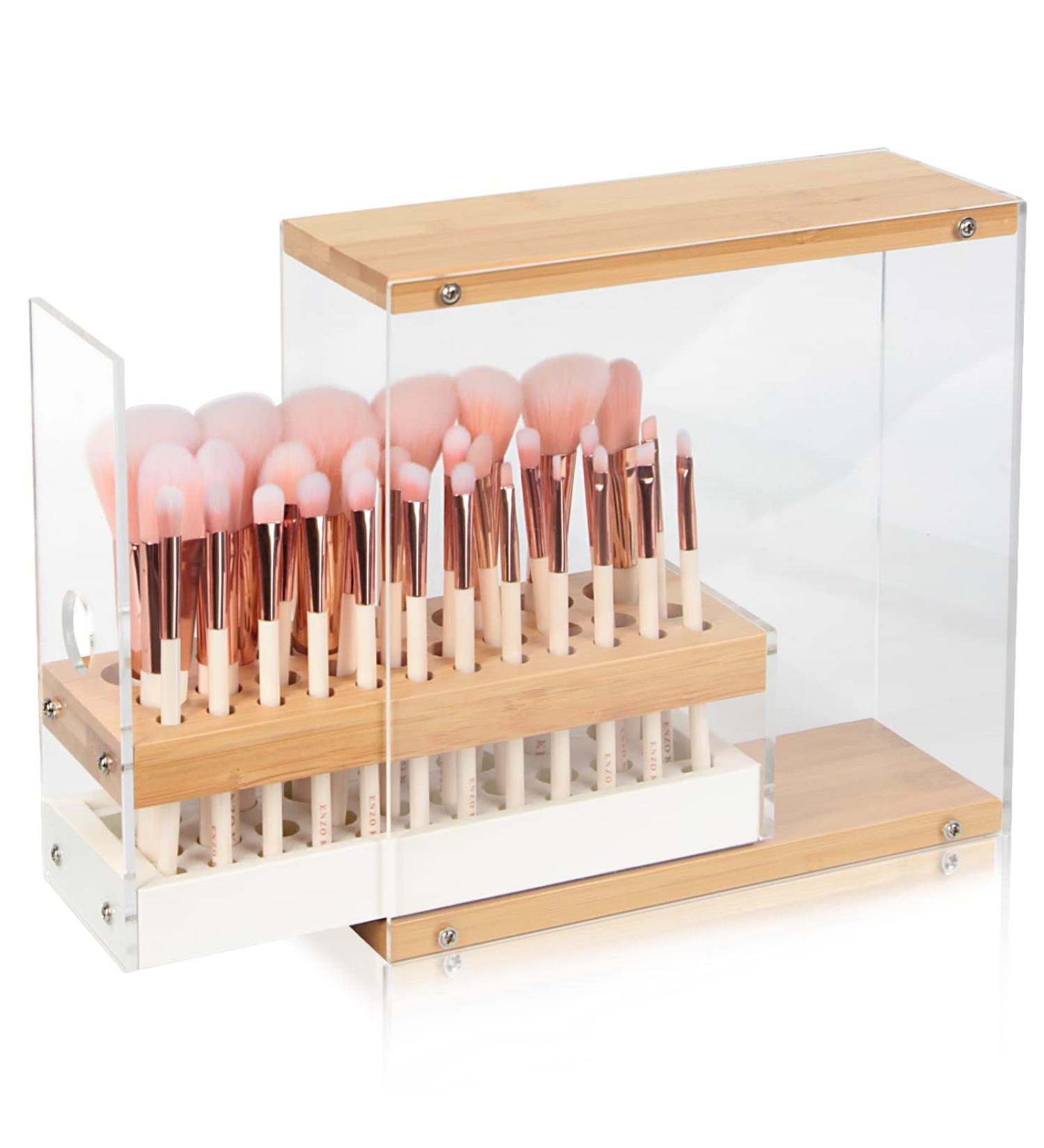 JackCubeDesign Acrylic Bamboo Brush Holder Organizer with Leather Drawer - White, 29 Holes, Beauty Cosmetic Display Stand - 8.77 x 3.34 x 8.42 inches - Buy Online on GoSupps.com