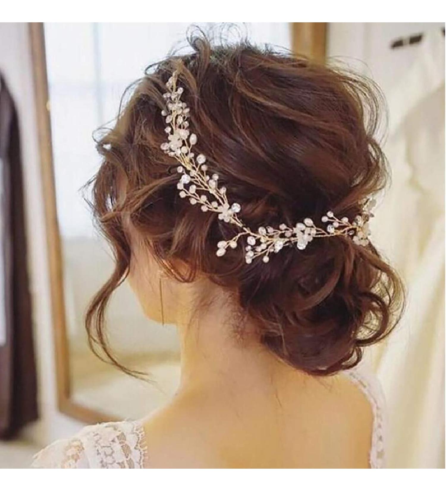 Chargances Wedding Crystal and Pearl Extra Long Hair Vine - Gold Bohemian Bridal Headpiece - Buy Online on GoSupps.com