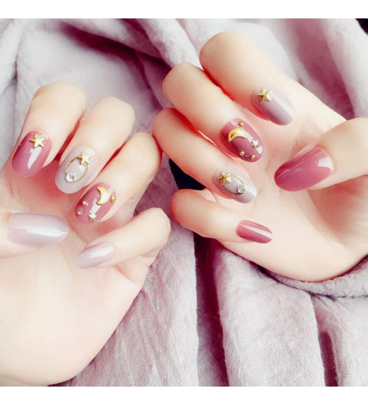 Sethexy Red Oval False Nails - Glossy Star & Crescent 24-Piece Complete Salon Acrylic Nail Tips for Women & Girls - International Shipping - Buy Online on GoSupps.com