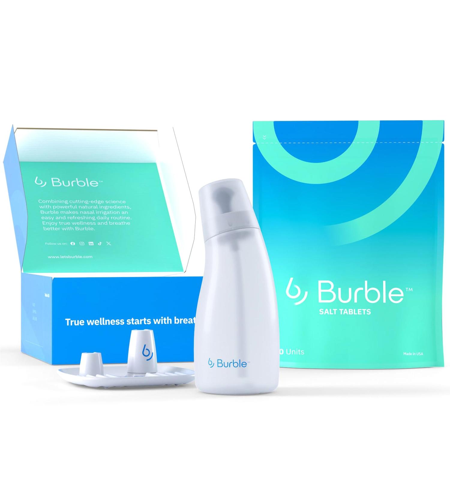 Nasal Irrigation System Starter Kit by Burble for Sinus Relief and Congestion, Nasal Cleaner for Adults & Kids - Includes Sinus Rinse Bottle, 30 Nasal Wash Tablets, & Drying Tray - Buy Online on GoSupps.com