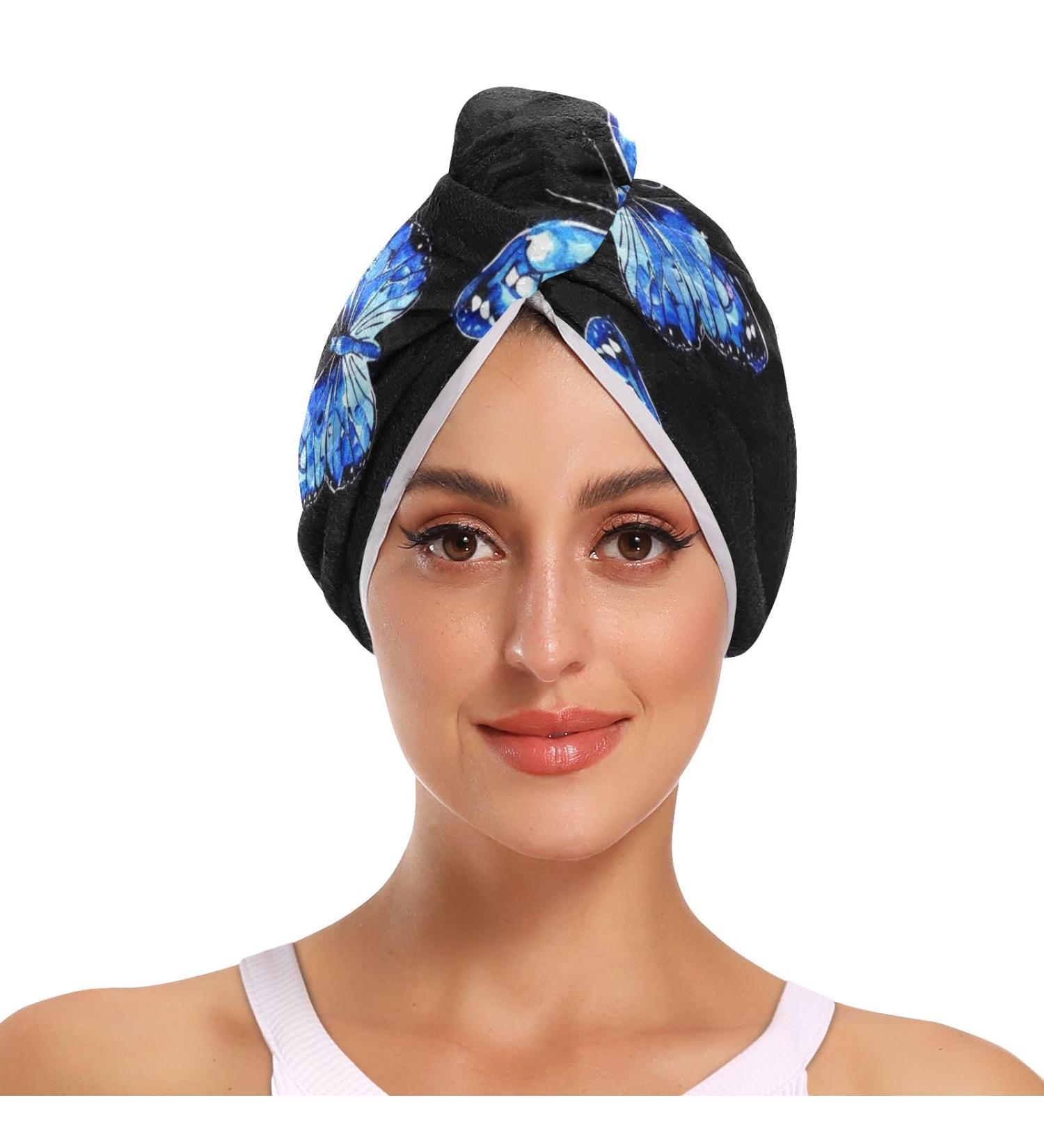 Blue Butterfly Hair Towel 2 Pack | Super Absorbent Quick Dry Hair Turbans for Women & Girls - Buy Online on GoSupps.com