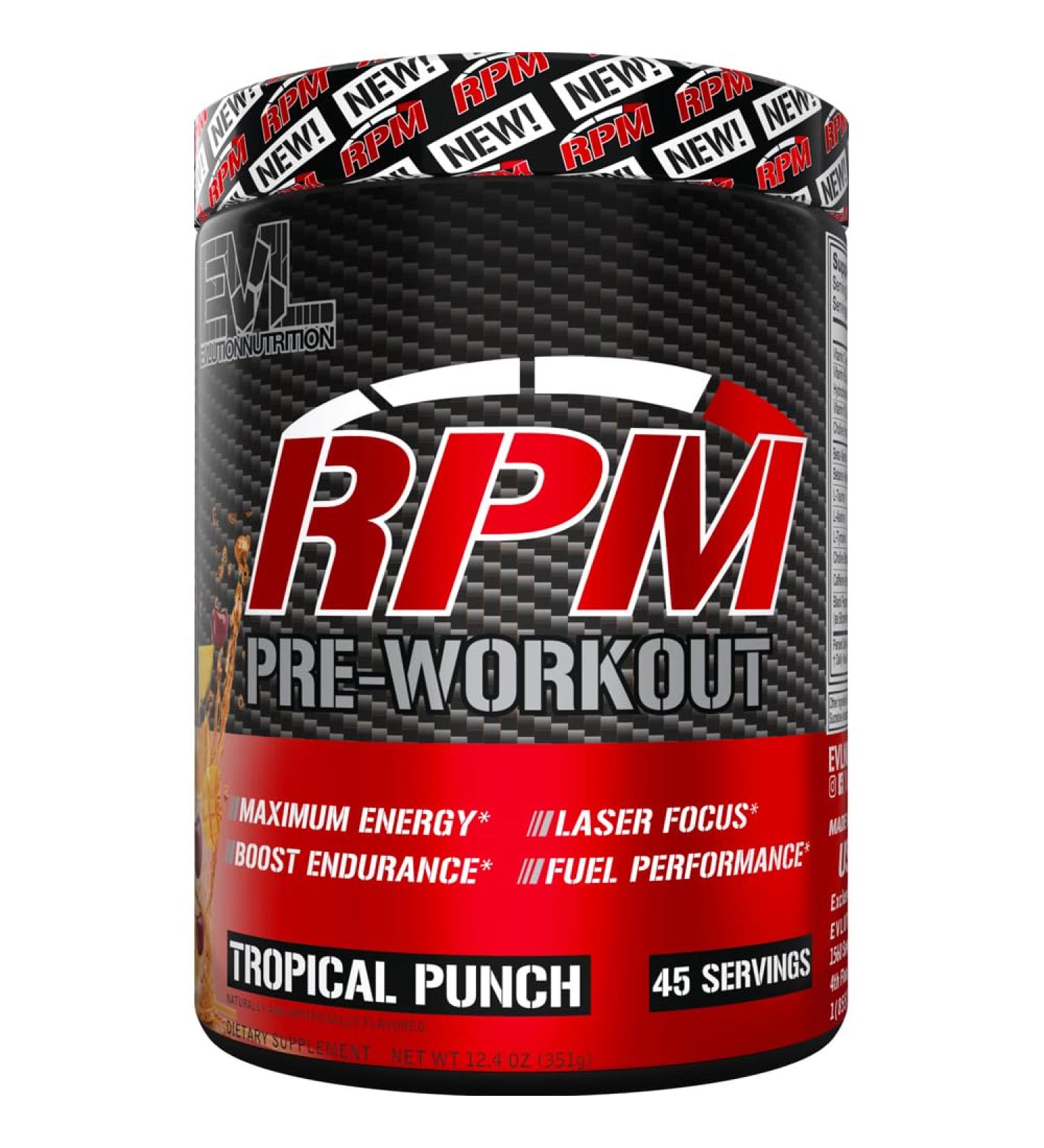 Evlution Nutrition RPM Pre Workout Powder Tropical Punch Preworkout for Energy Focus & Performance with Beta-Alanine Caffeine Betaine & L-Tyrosine 45 Servings - Buy Online on GoSupps.com