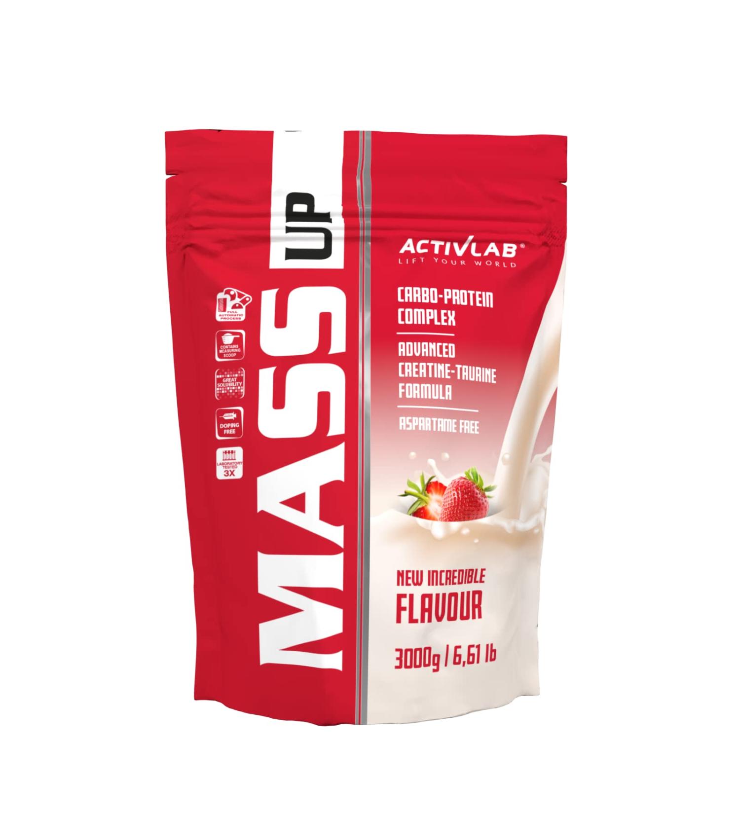Activlab Mass Up 3kg - High-Caloric Weight Gainer Protein Powder with Whey Creatine & Taurine - Strawberry Flavor for Muscle Mass & Strength - 30 Portions - Buy Online on GoSupps.com