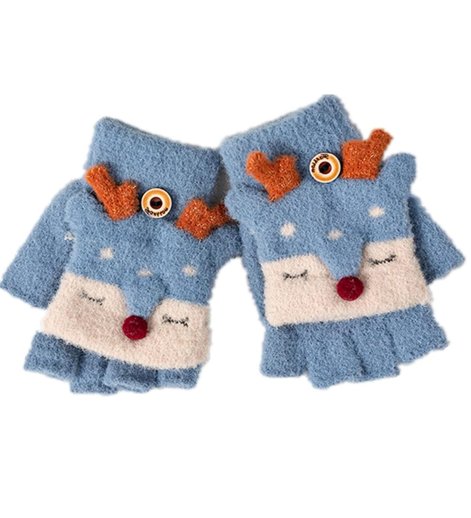 Unisex Kids Winter Fox Flip Top Gloves | Cute Cartoon Animal Mittens for 2-8Y Boys Girls - Blue - Buy Online on GoSupps.com
