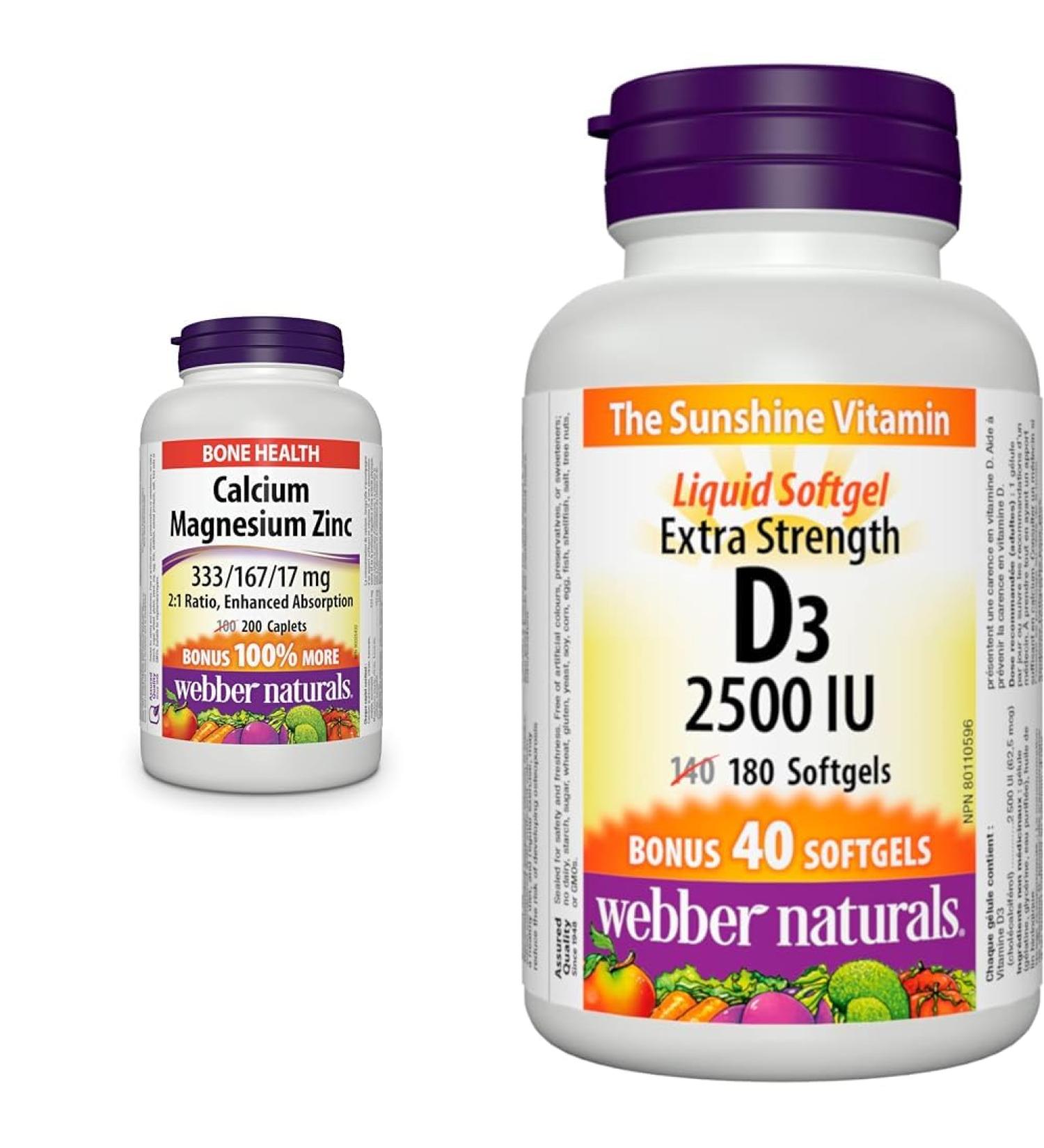 Webber Naturals Calcium with Magnesium and Zinc 200 Caplets Enhanced Absorption & Vitamin D3 2500 IU Extra Strength 180 Softgels For Healthy Bones Teeth and Helps Prevent Vitamin D Deficiency - Buy Online on GoSupps.com