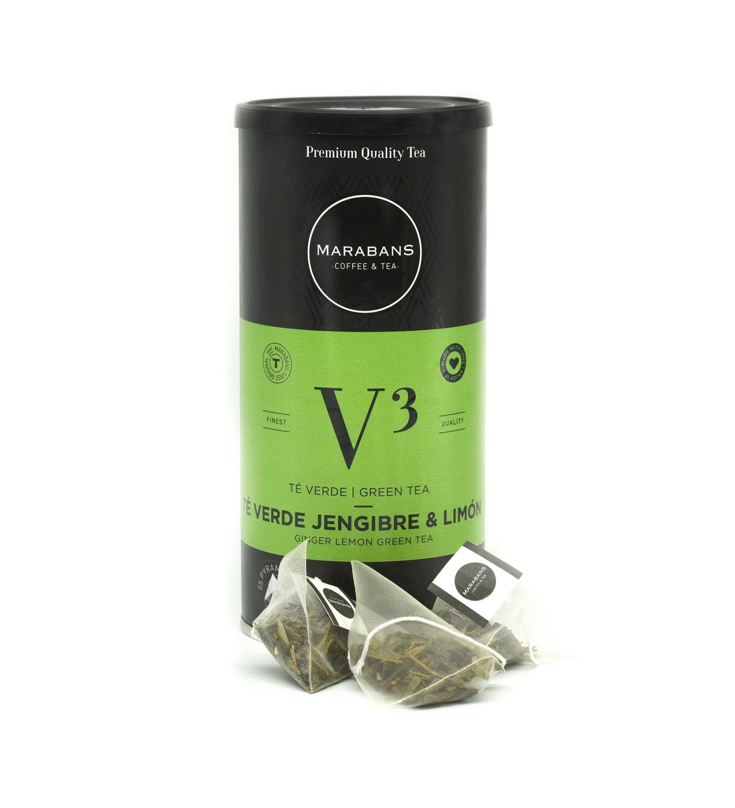  Marabans Coffee & Tea Marabans Green Tea Ginger and Lemon in Pyramids Jar of 25 sachets (pyramids) Gluten free. - Buy Online on GoSupps.com