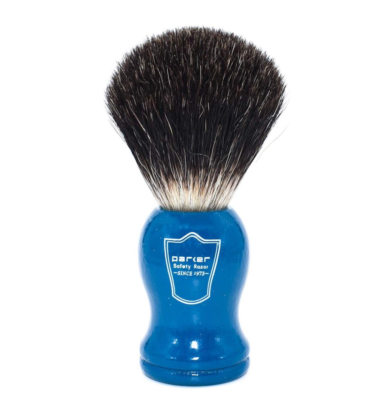Parker Safety Razor Black Badger Bristle Shaving Brush with Blue Wooden Handle & Stand - Premium Shaving Accessories for Men - Buy Online on GoSupps.com