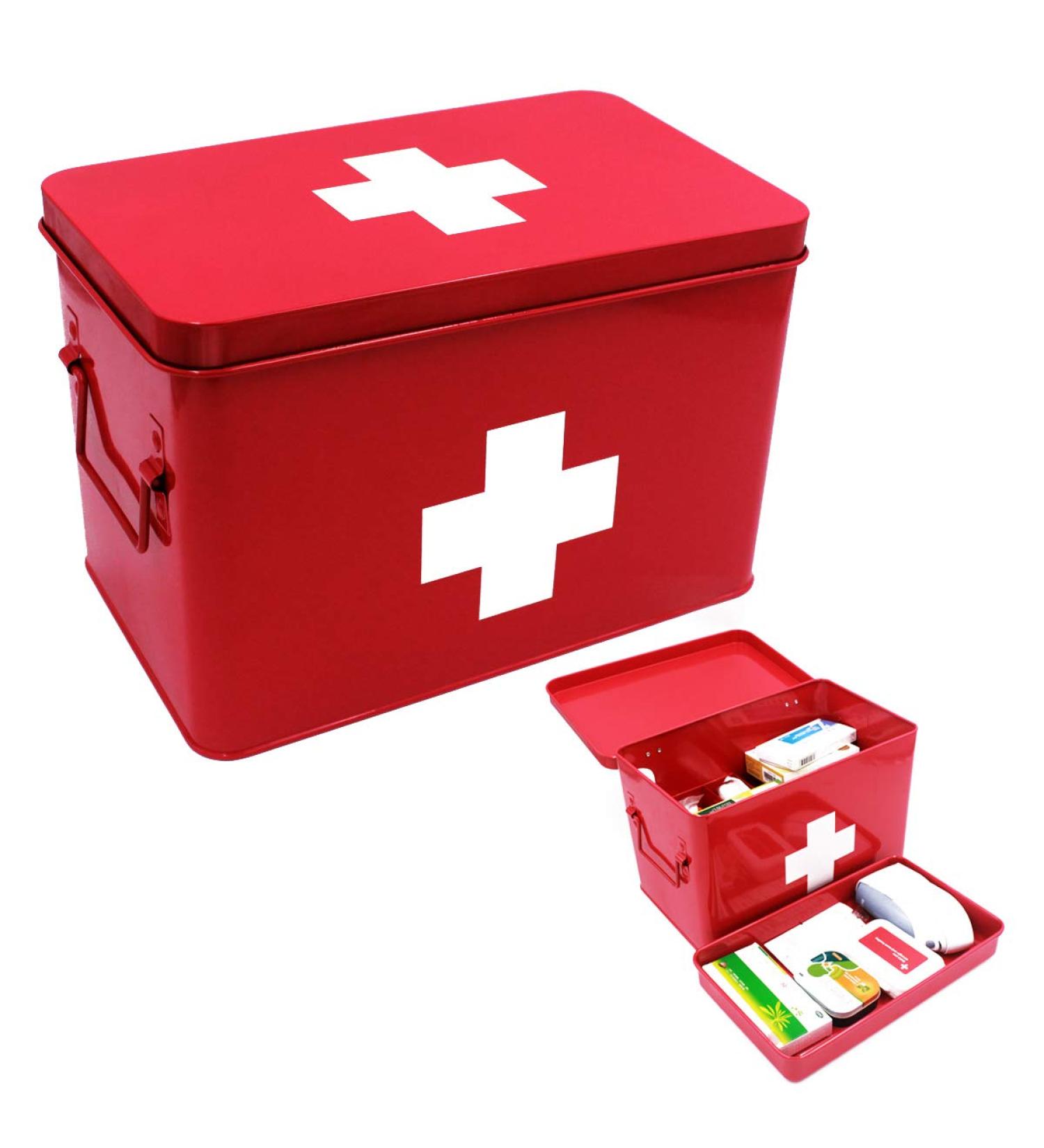 Vintage Red Metal First Aid Box - Large Medicine Storage Tin for Home - 12.6 x 8.3 x 7.7 inches - Funly mee Medicine Box - Buy Online on GoSupps.com