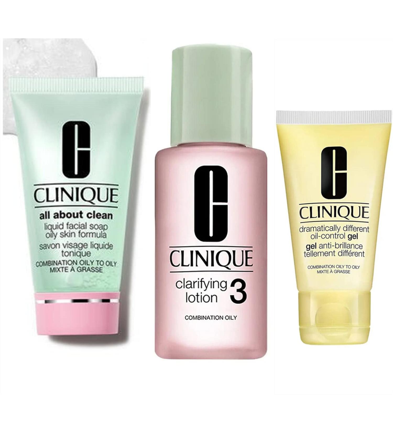 Clinique 3 Step Travel Size Set for Combination Oily to Oily Skin: Liquid Facial Soap, Clarifying Lotion, Moisturizing Gel - Buy Online on GoSupps.com