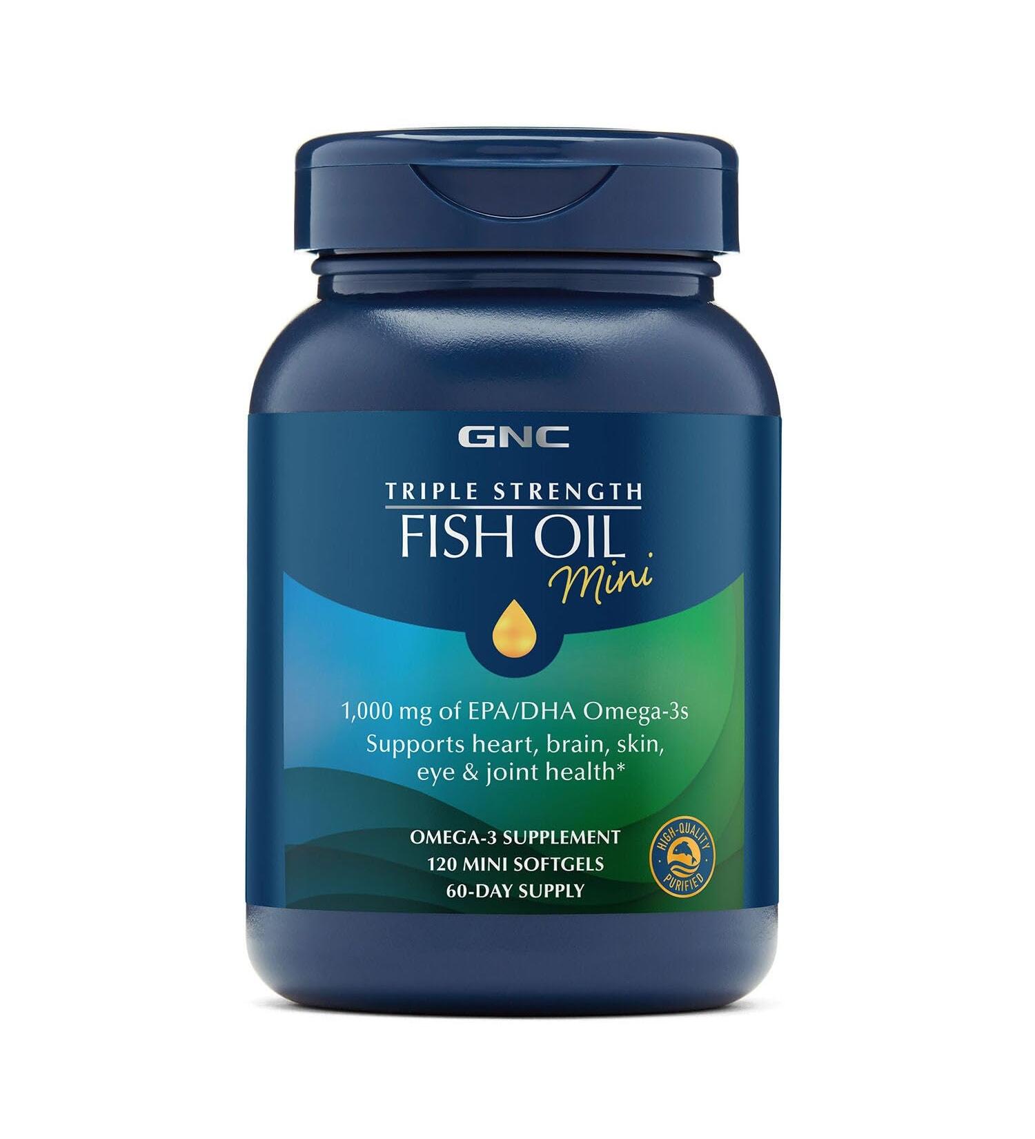 GNC Triple Strength Fish Oil Mini Omega 3 Supplement 1000mg EPA and DHA Supports Heart Brain Skin Eye and Joint Health 120 Mini Softgels - Buy Online on GoSupps.com