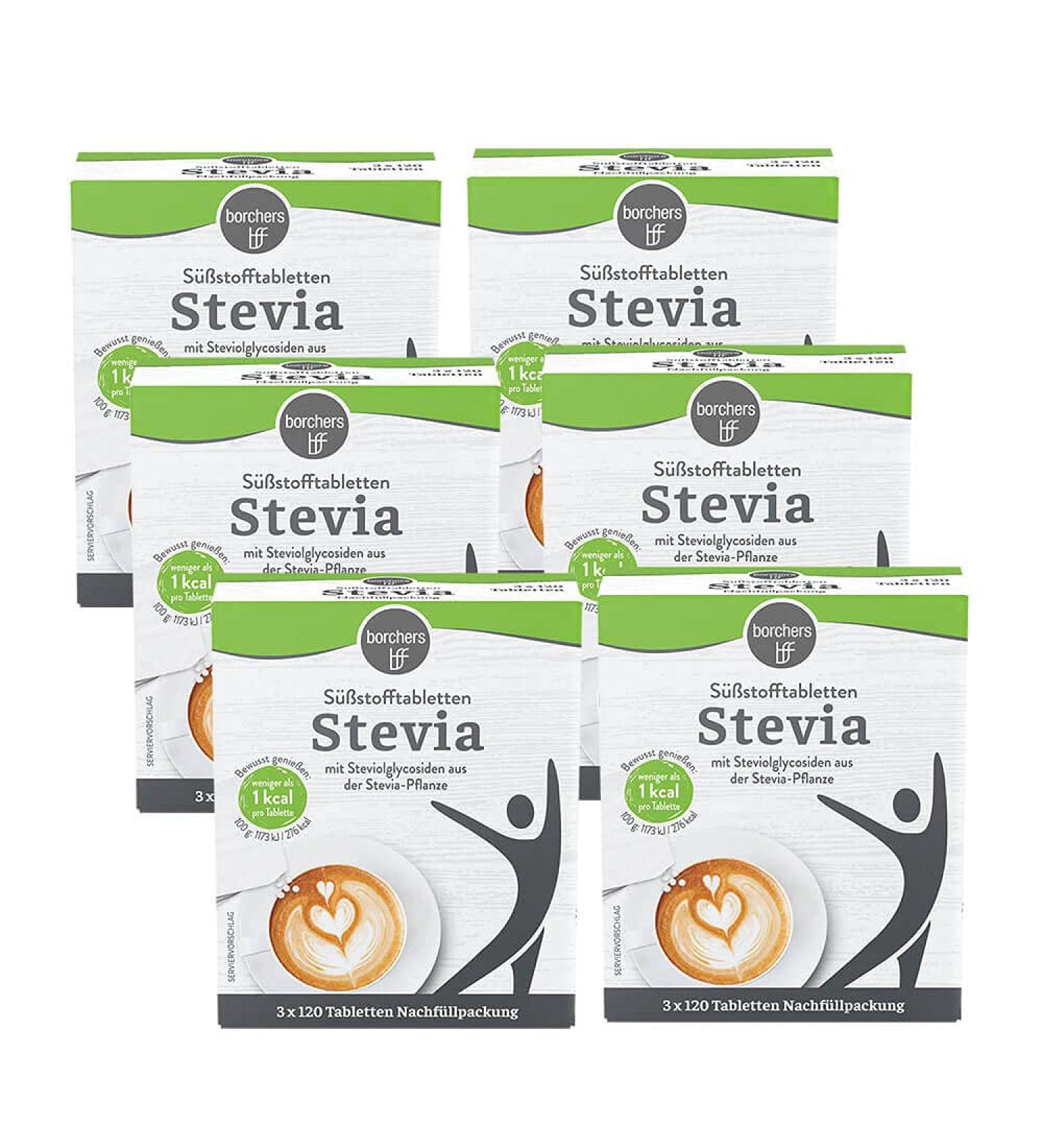 Buy Borchers Stevia Tablets Refill Pack | 6 x 120 Pieces | Sugar Alternative | Almost Calorie-Free | 360 Total Tablets - Buy Online on GoSupps.com