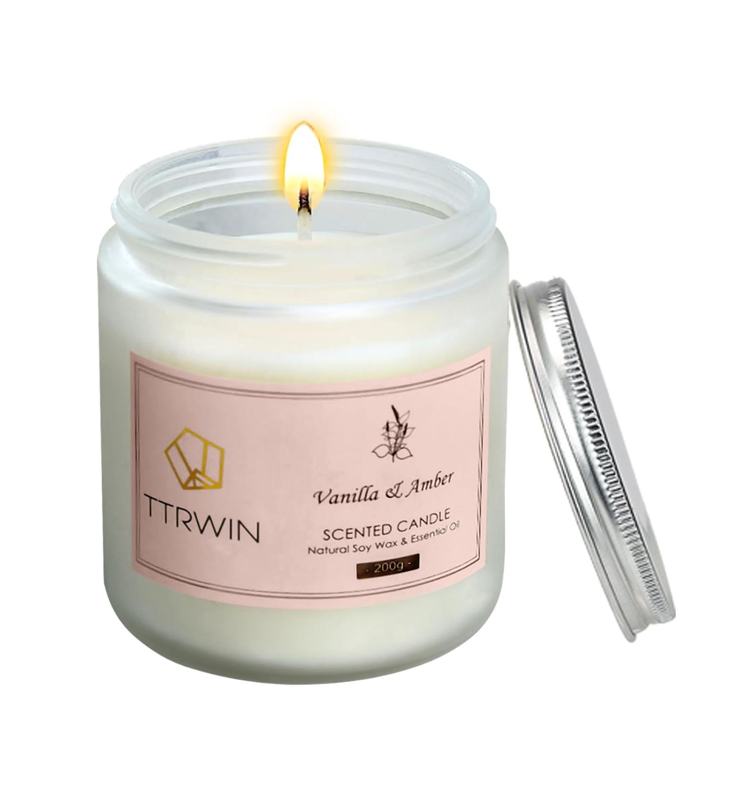 TTRWIN Vanilla & Amber Scented Candle 200g | Long Lasting Soy Wax & Essential Oil Candle in Glass Jar | Perfect Gift for Christmas, Mother's Day & Valentine's - Buy Online on GoSupps.com