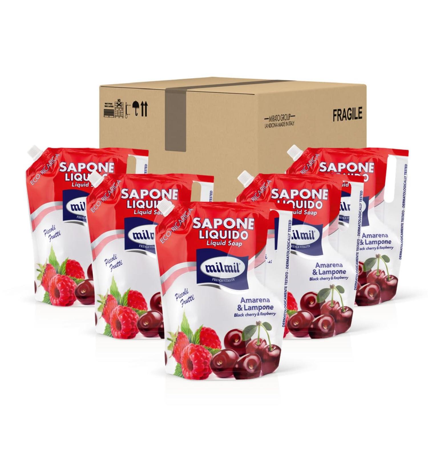  Milmil Milmil Liquid Soap Little Fruits Bitter & Raspberry Scent Envelope Refill Size Hand Face & Body Soap Dermatologically Tested - 5 x 900ml - Buy Online on GoSupps.com