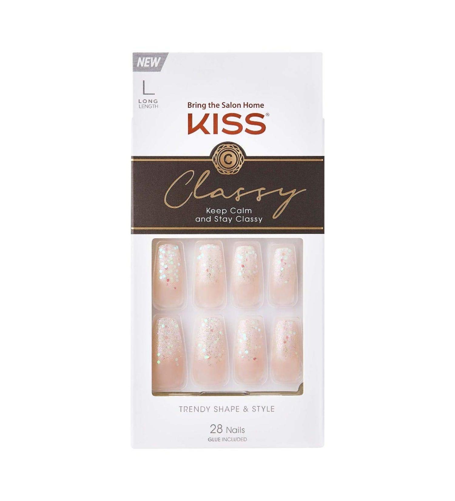 KISS Classy French Nail Manicure Kit with Gel Finish - Long Coffin Shaped, Includes Scrunchie and Pink Nail Glue - 28 Fake Nails, Mini File, Manicure Stick - Buy Online on GoSupps.com