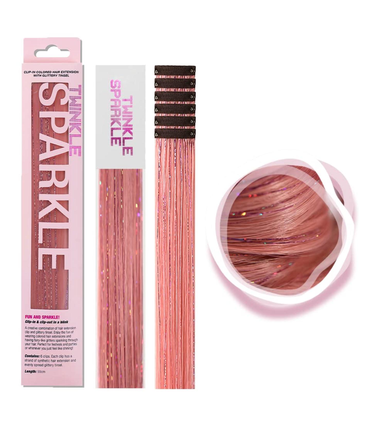Twinkle Sparkle Clip in Colored Hair Extensions with Glitter Highlights - 22 Long, Straight Synthetic Hairpiece for Women, Girls, Kids - Pink Macaron Festival Gift - Buy Online on GoSupps.com