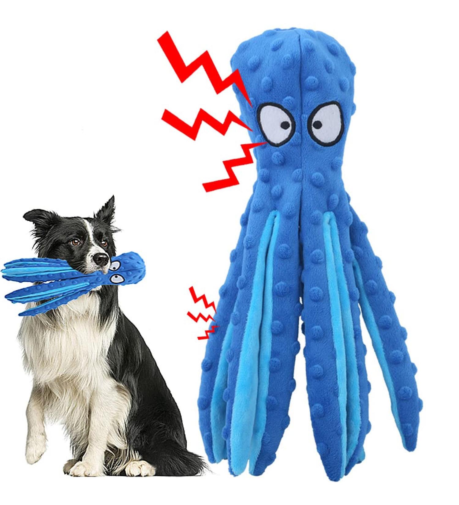 Squeaky Dog Soft Toy No Stuffed Octopus Dog Chew Toy with Crinkle Paper Plush Dog Teeth Cleaning Toy for Medium Large Dog (Blue) - Buy Online on GoSupps.com
