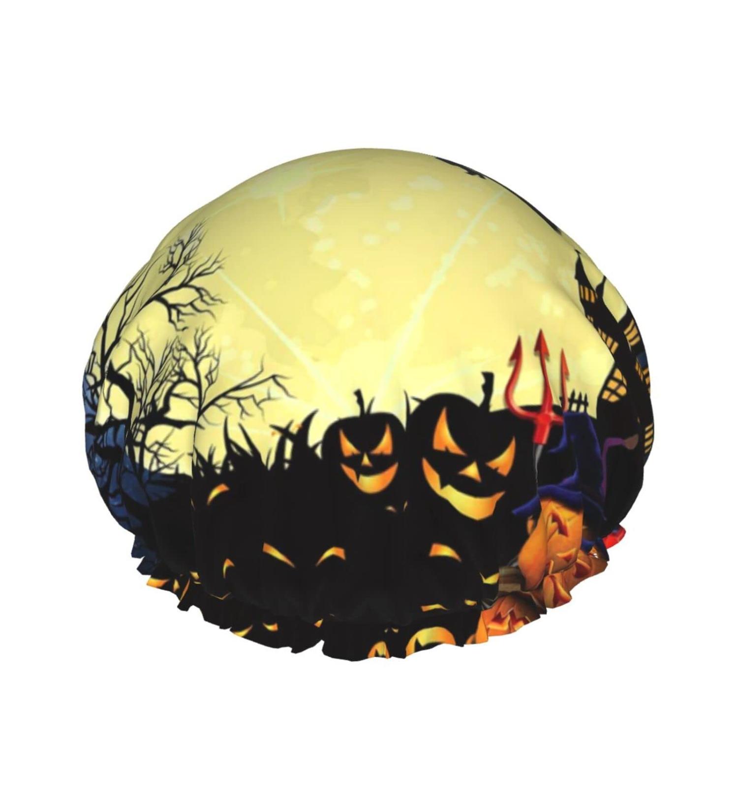 Halloween Moon Pumpkin Printed Shower Cap - Waterproof, Fits All Head Sizes and Hair Textures - Buy Online on GoSupps.com
