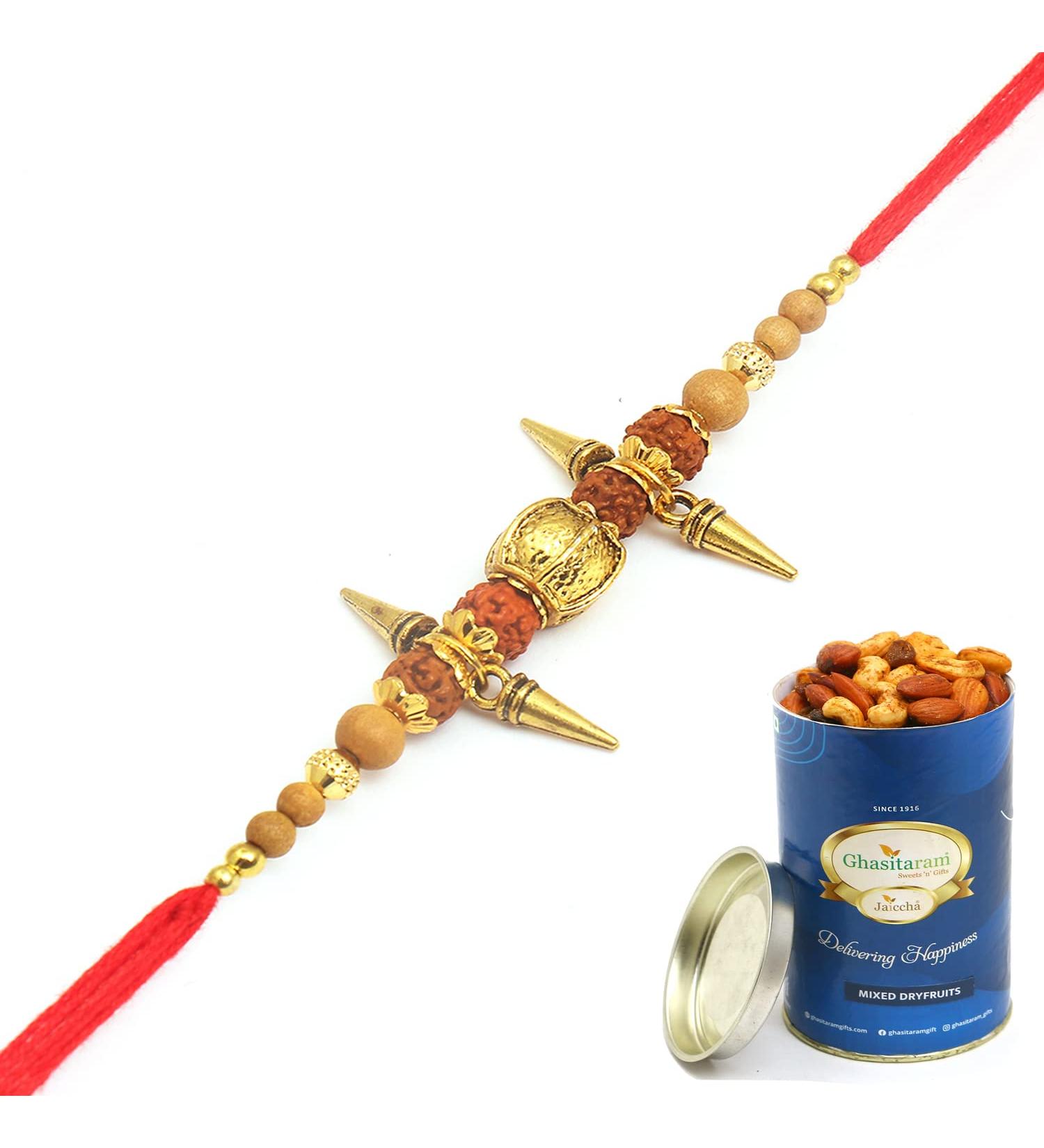 Ghasitaram Gifts Rakhi for Brother Rakhis Online AU7002- Rudraksh Rakhi with 100 GMS of Dryfruits Mix Can - Buy Online on GoSupps.com