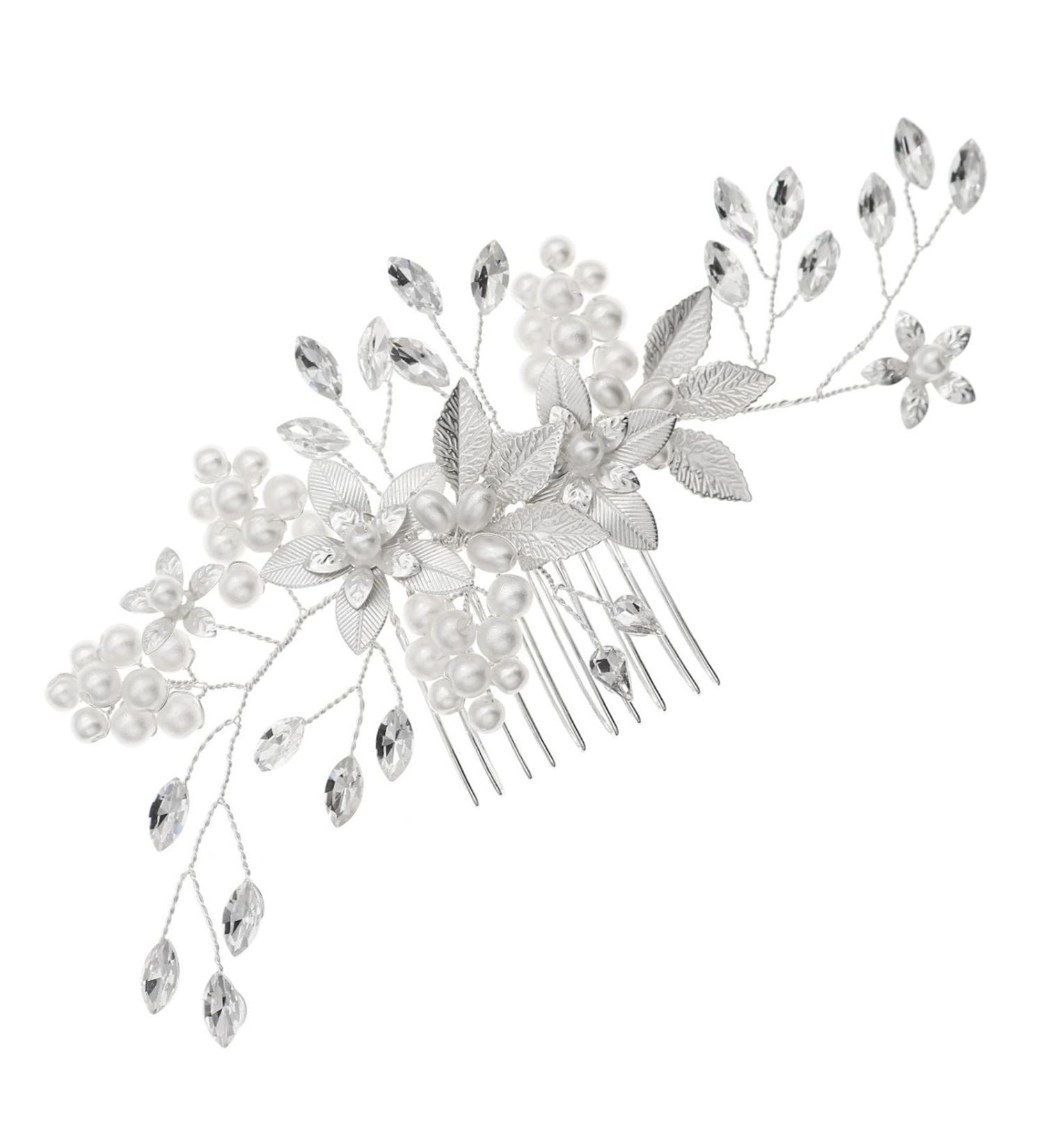 Bridal Wedding Hair Comb Wedding Headdress Simple Bride Hair Comb Pearl Insert Comb for Women and Girls 17x7cm Silver - Buy Online on GoSupps.com