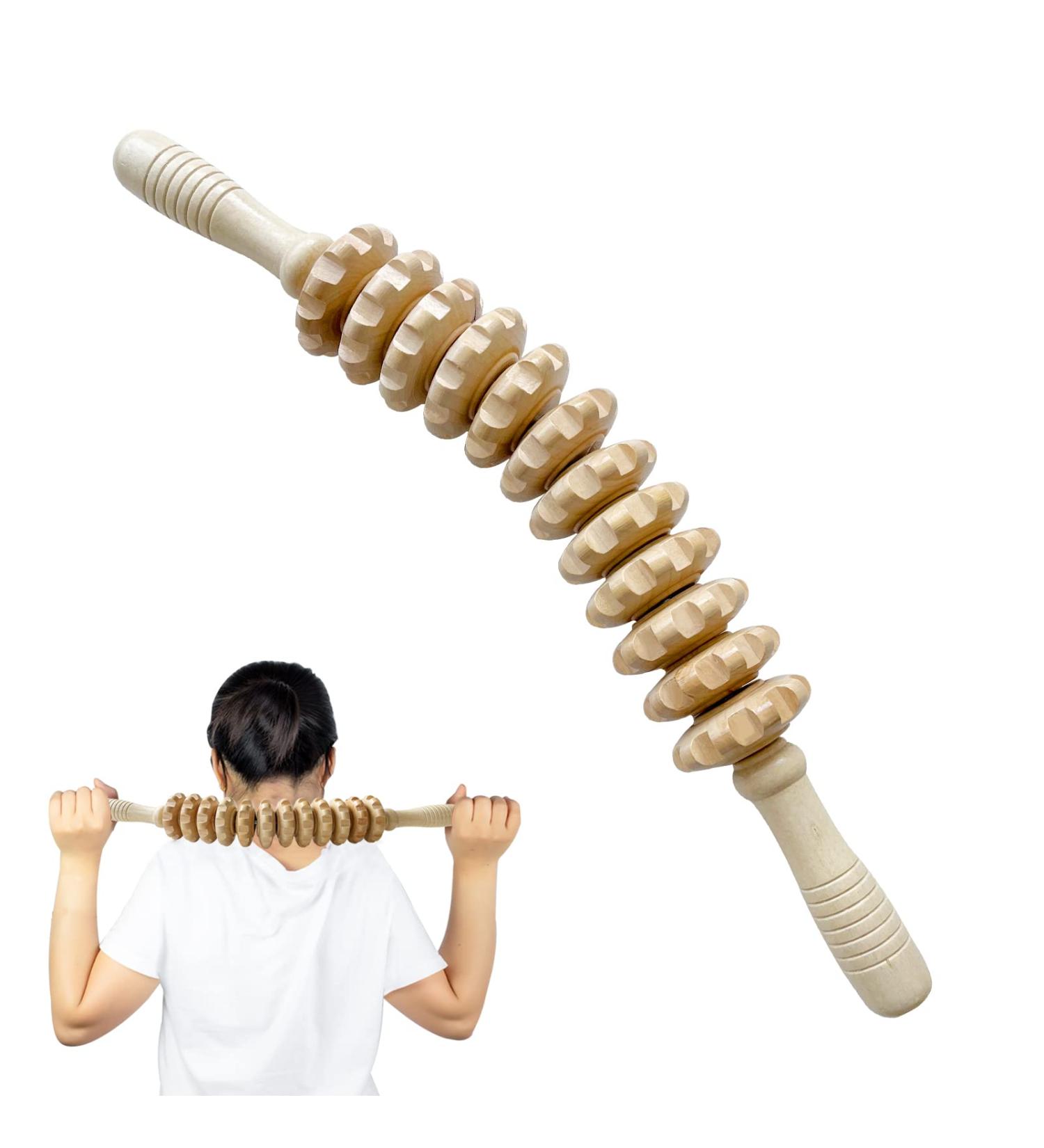 Natural Wood Massage Roller with Handle - 44cm Deep Tissue & Cellulite Relief for Neck Legs Back & Body | 12 Rotatable Design - Buy Online on GoSupps.com