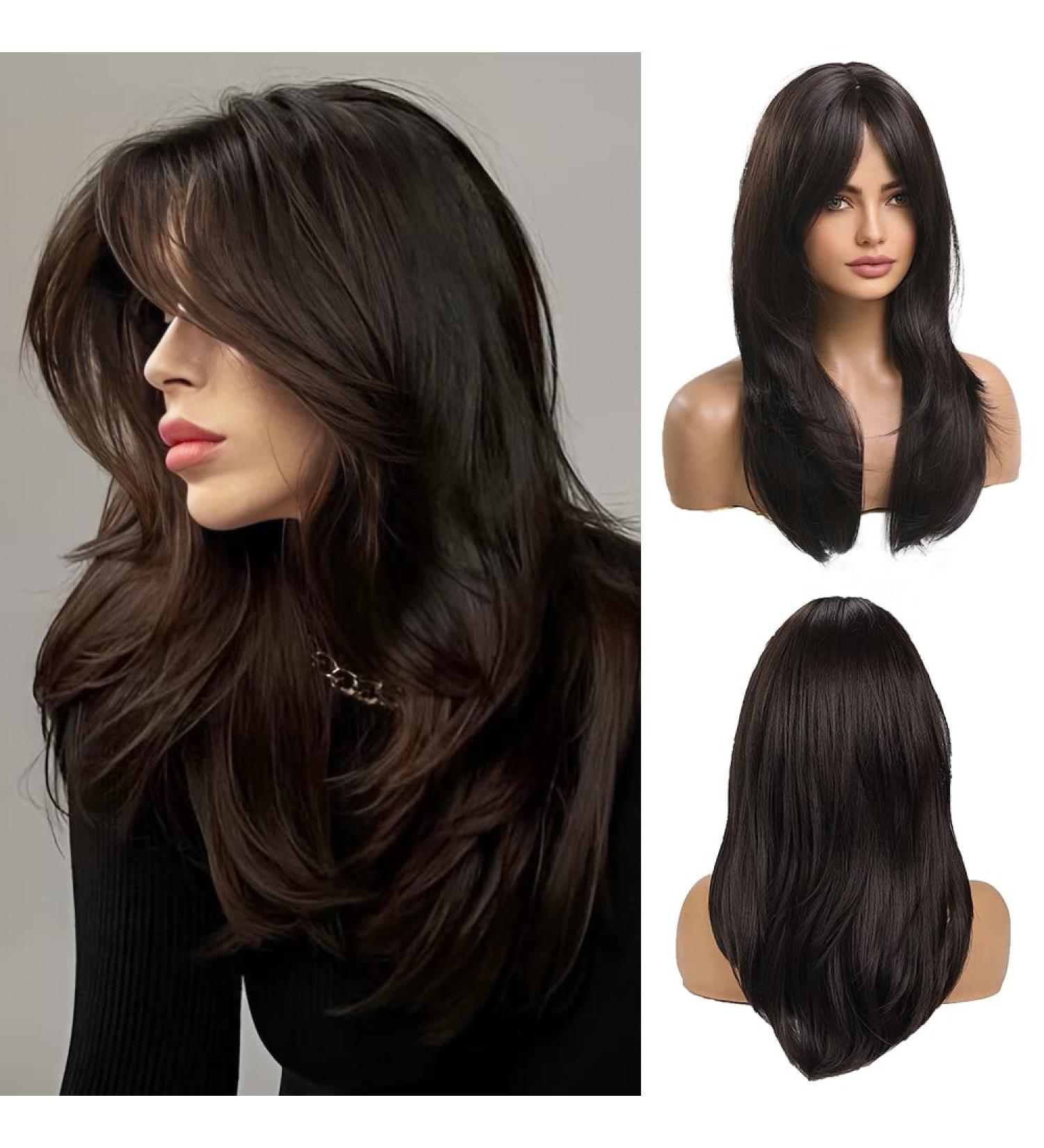 OUFEI 20 Dark Brown Layered Synthetic Hair Wig with Bangs for Women | Perfect for Daily & Party Wear - Buy Online on GoSupps.com
