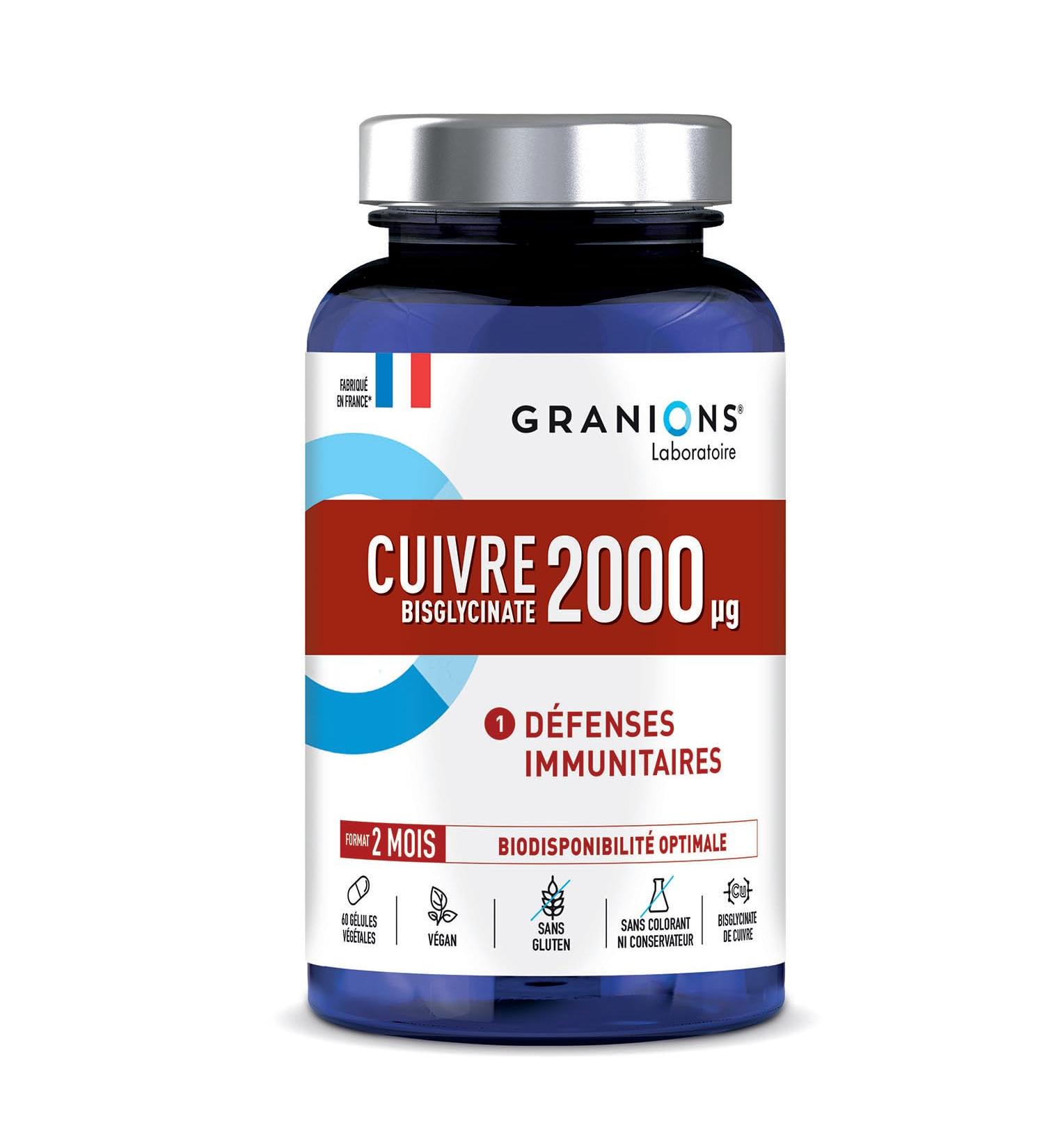 GRANIONS: Immunity and energy COPPER bisglycinate 2 mg-200% of recommended intake-Optimal bioavailability-IMMUNE DEFENSES-Suitable for vegetarians-60 capsules -1 vial 2 months-Made in France - Buy Online on GoSupps.com