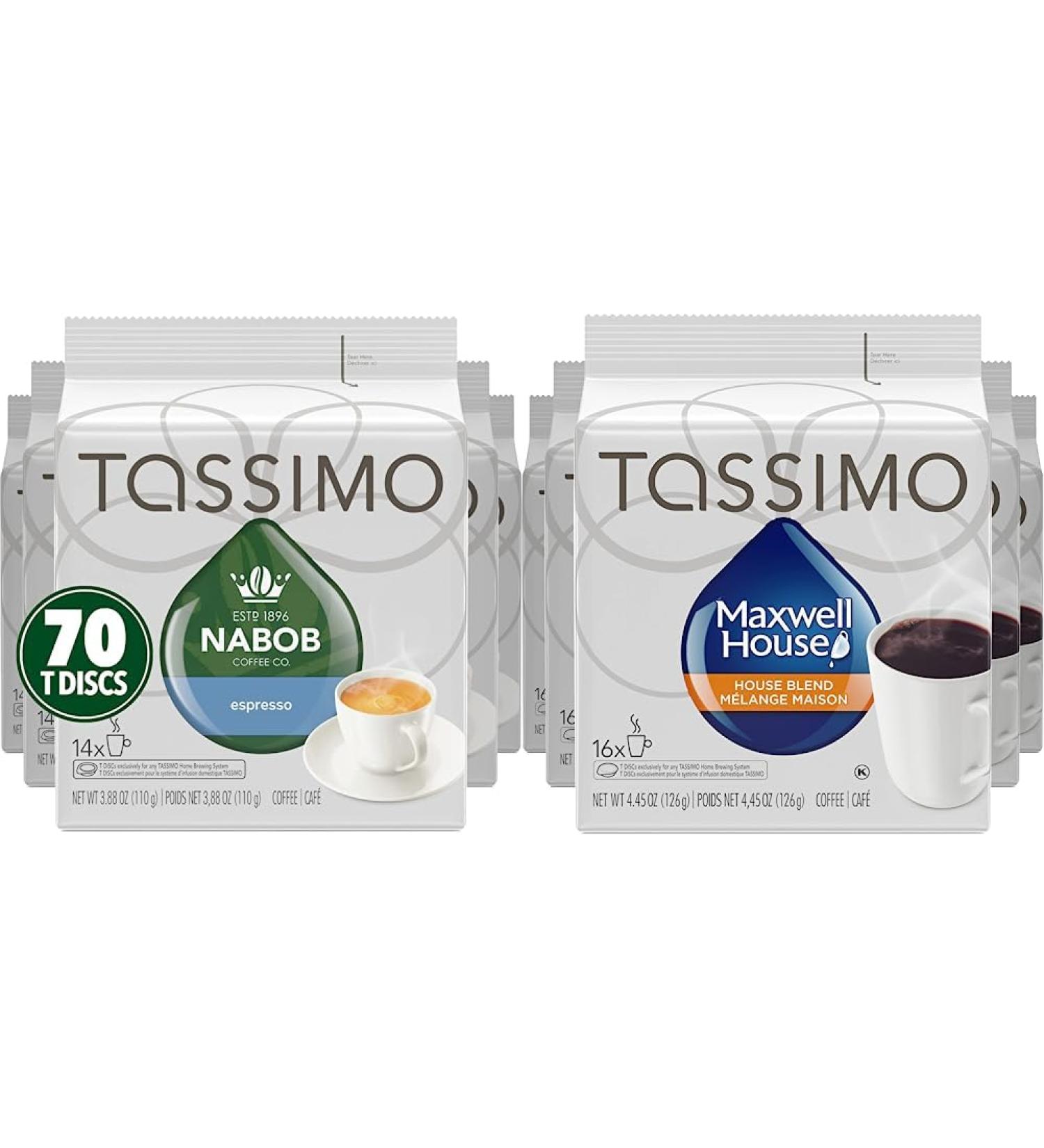 Tassimo Nabob Espresso Single Serve T-Discs 110g (5 Boxes of 14 T-Discs) & Maxwell House House Blend Coffee Single Serve T-Discs 126g (5 Boxes of 16 T-Discs) Coffee + Maxwell House House Blend Espresso 14 Count (Pack of 5) - Buy Online on GoSupps.com