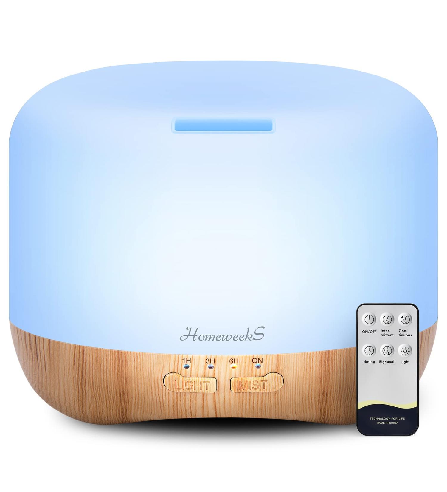 Homeweeks 300ml Essential Oil Diffuser with Remote Control Timer | Wood Grain Ultrasonic Aromatherapy Mist Diffuser | 7 Colors Light for Bedroom - Buy Online on GoSupps.com