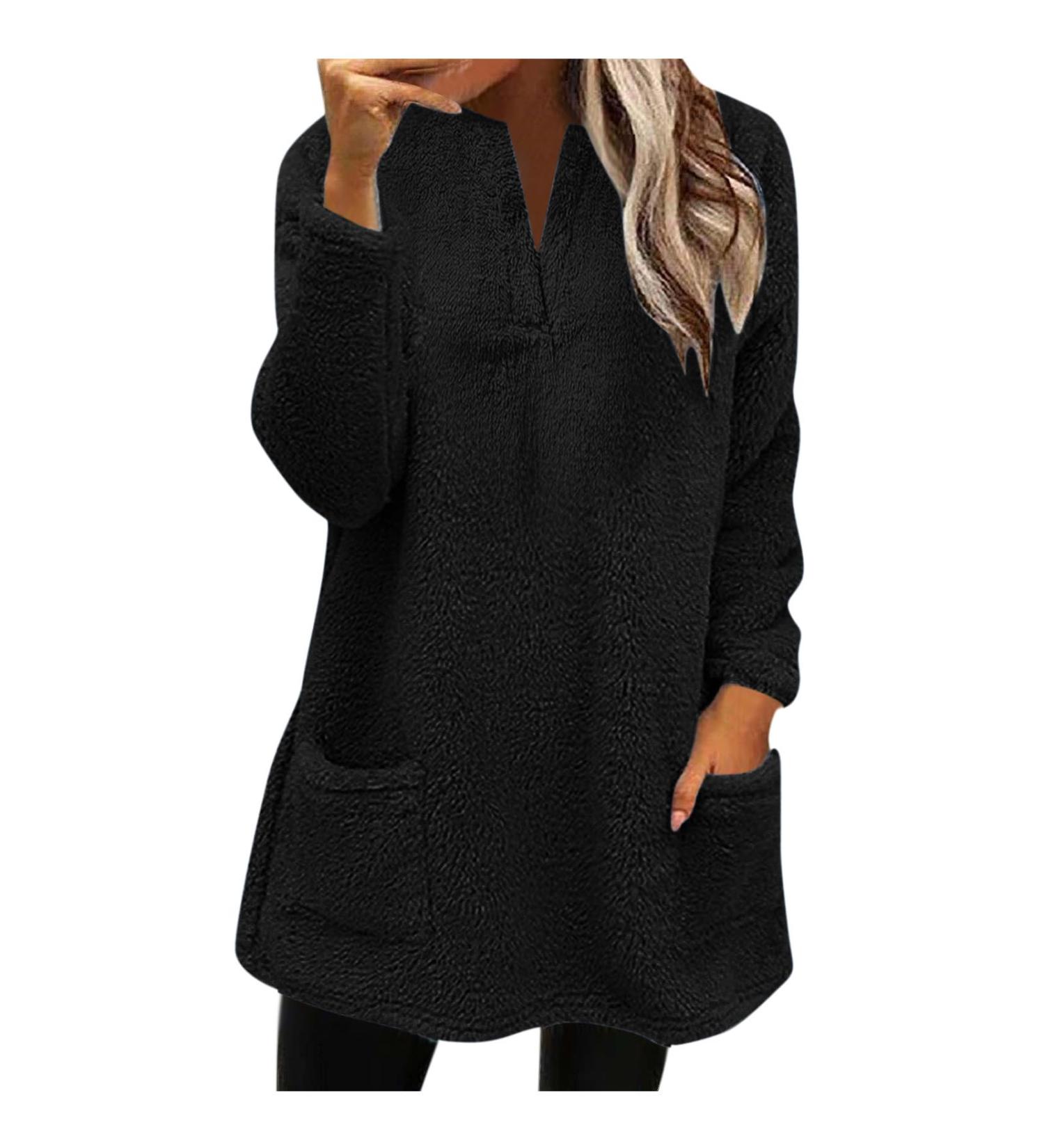 AMhomely Women's Plus Size Teddy Fleece Hooded Jumper - Double Fleece Casual Hoodie with V Neck, Pocket, and Soft Fleece Material - Black, Size L - Buy Online on GoSupps.com