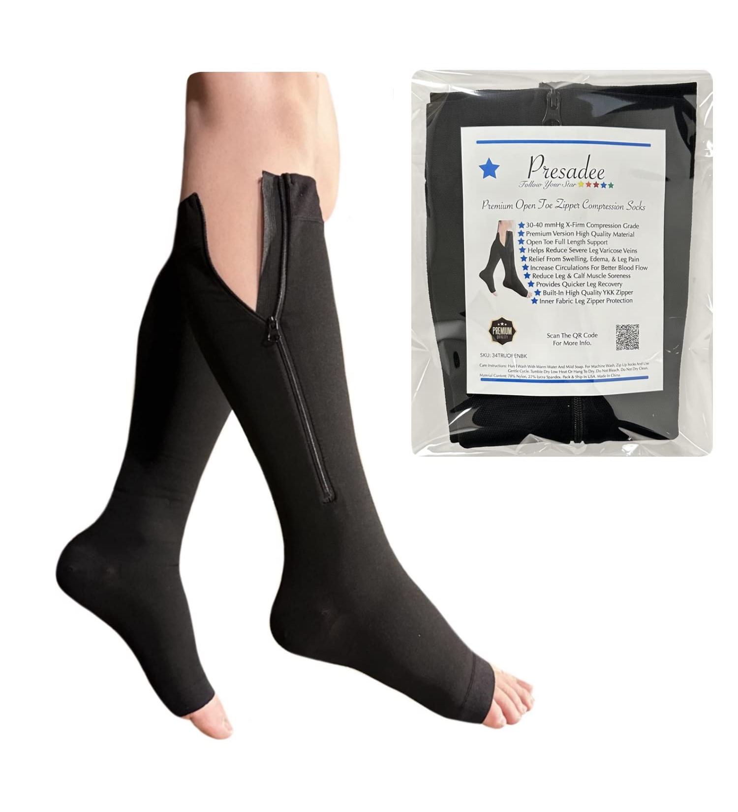 30-40 mmHg Extra Firm Zipper Compression Socks for Leg Swelling - Open Toe Black - Buy Online on GoSupps.com