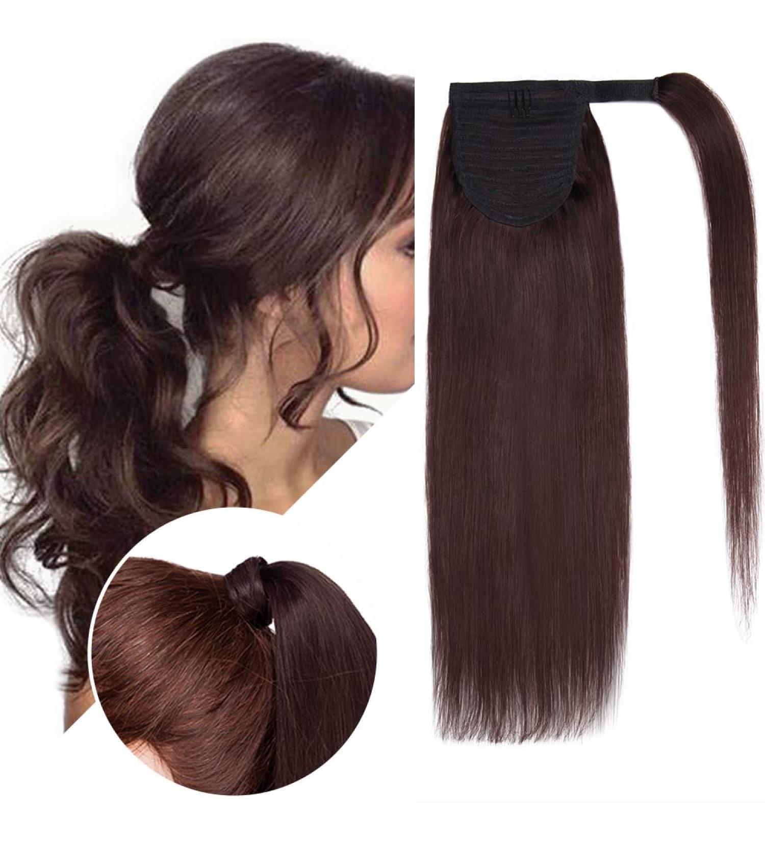 Hairro Pony Tail Hair Extainson For Women Wrap Around Pony Tail Hairpieces 100% Human Hair Remy Long Straight Ponytails Clip On Ponytail Hairpieces Accessory 16inch 80g #02 Dark Brown - Buy Online on GoSupps.com