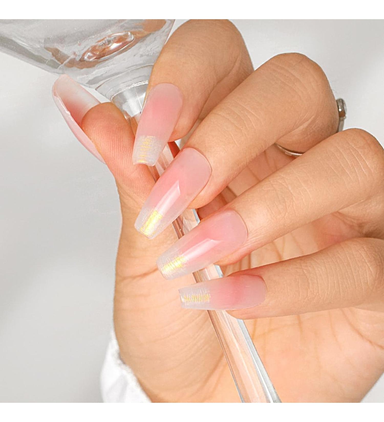 Sethexy French Long Coffin False Nails - Handmade Blushing Color Gradient Press-On Acrylic Glitter Nails for Women & Girls | Salon Quality - Buy Online on GoSupps.com